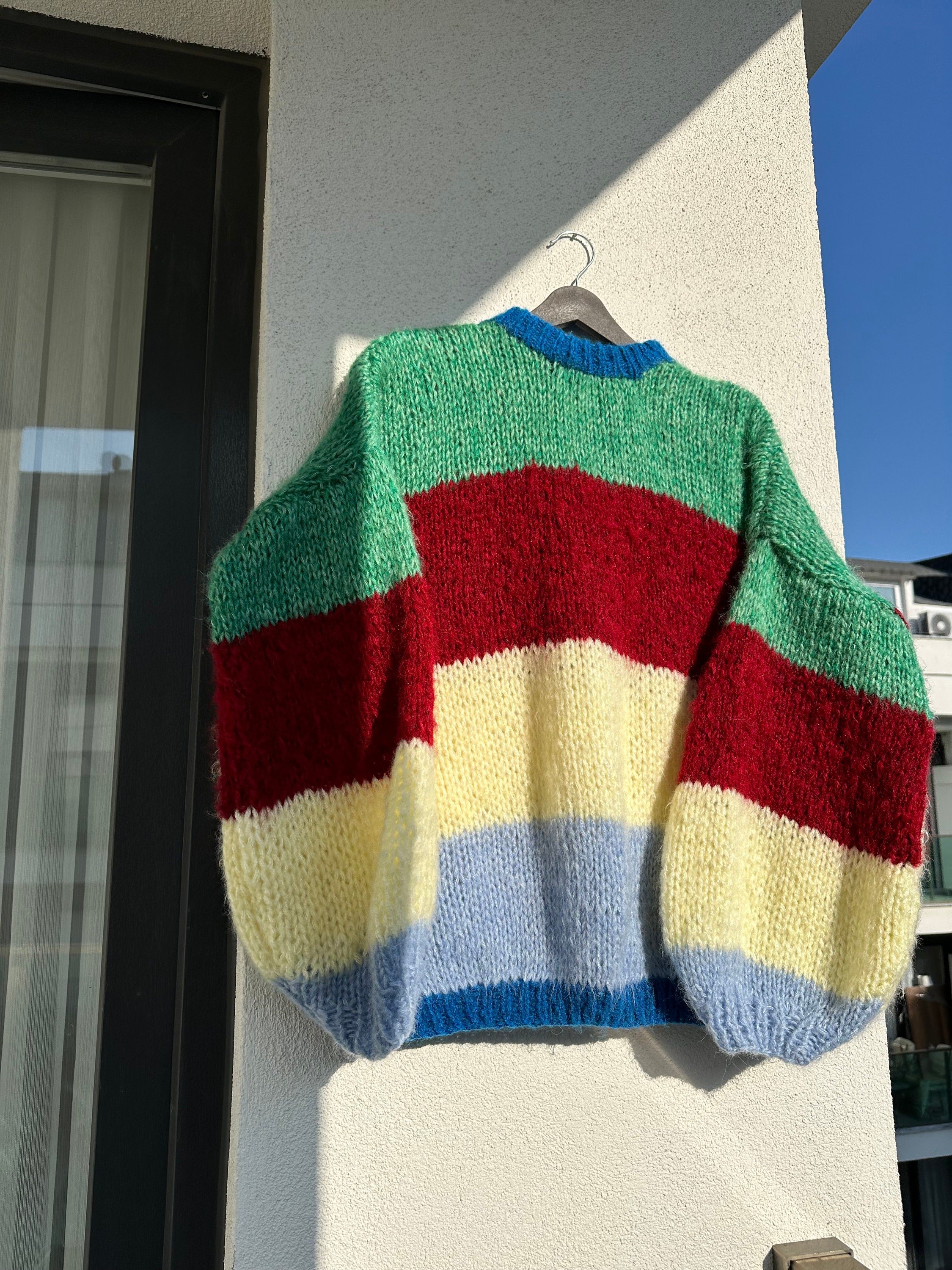 Colorful Striped Sweater, Crochet Sweater, Hand Knitted Warm Sweater,