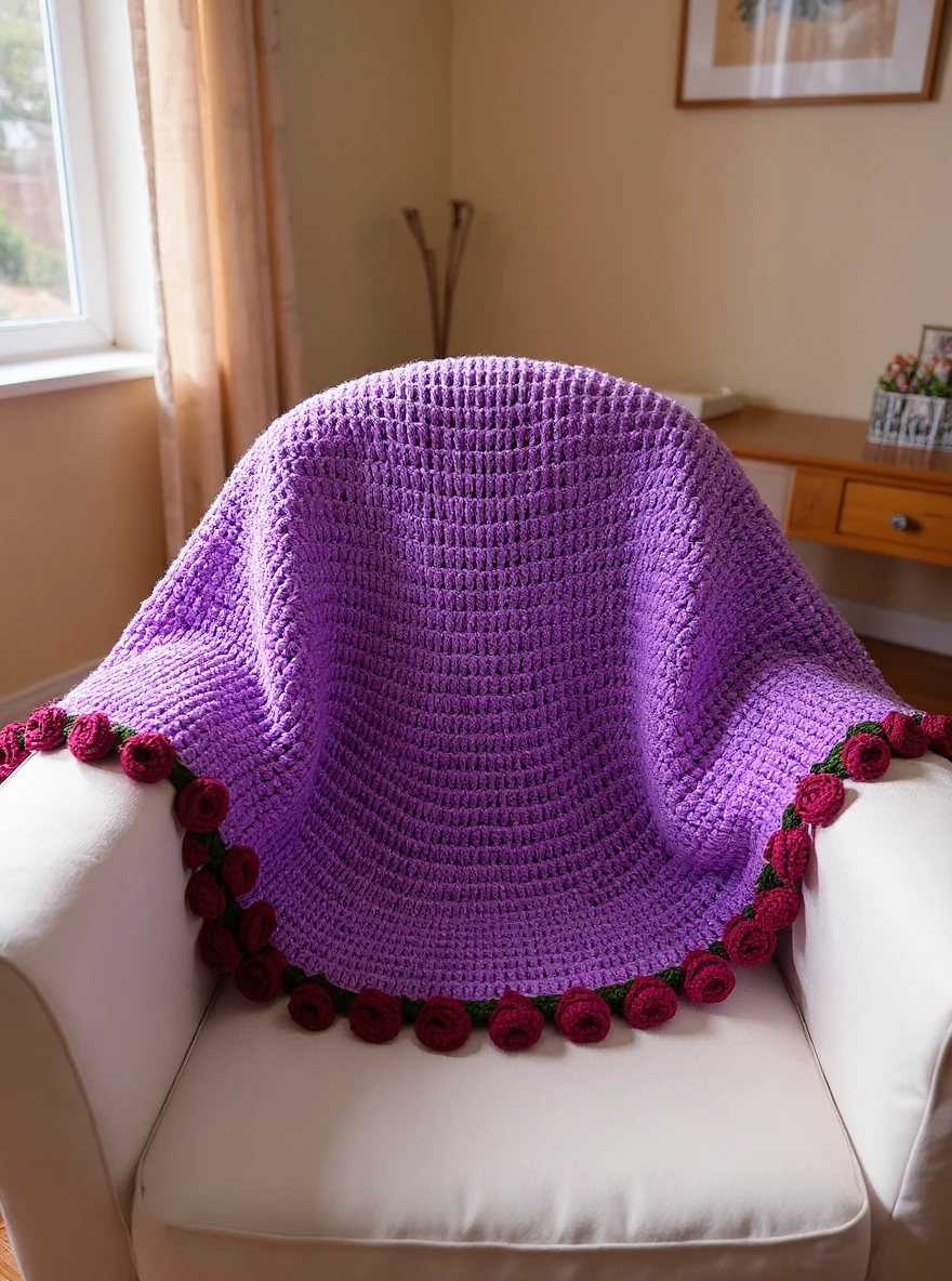 El Yapımı Örgü Buket Battaniye – Mor Tabanlı Bordo Güllü Tığ İşi TV ve Diz Battaniyesi