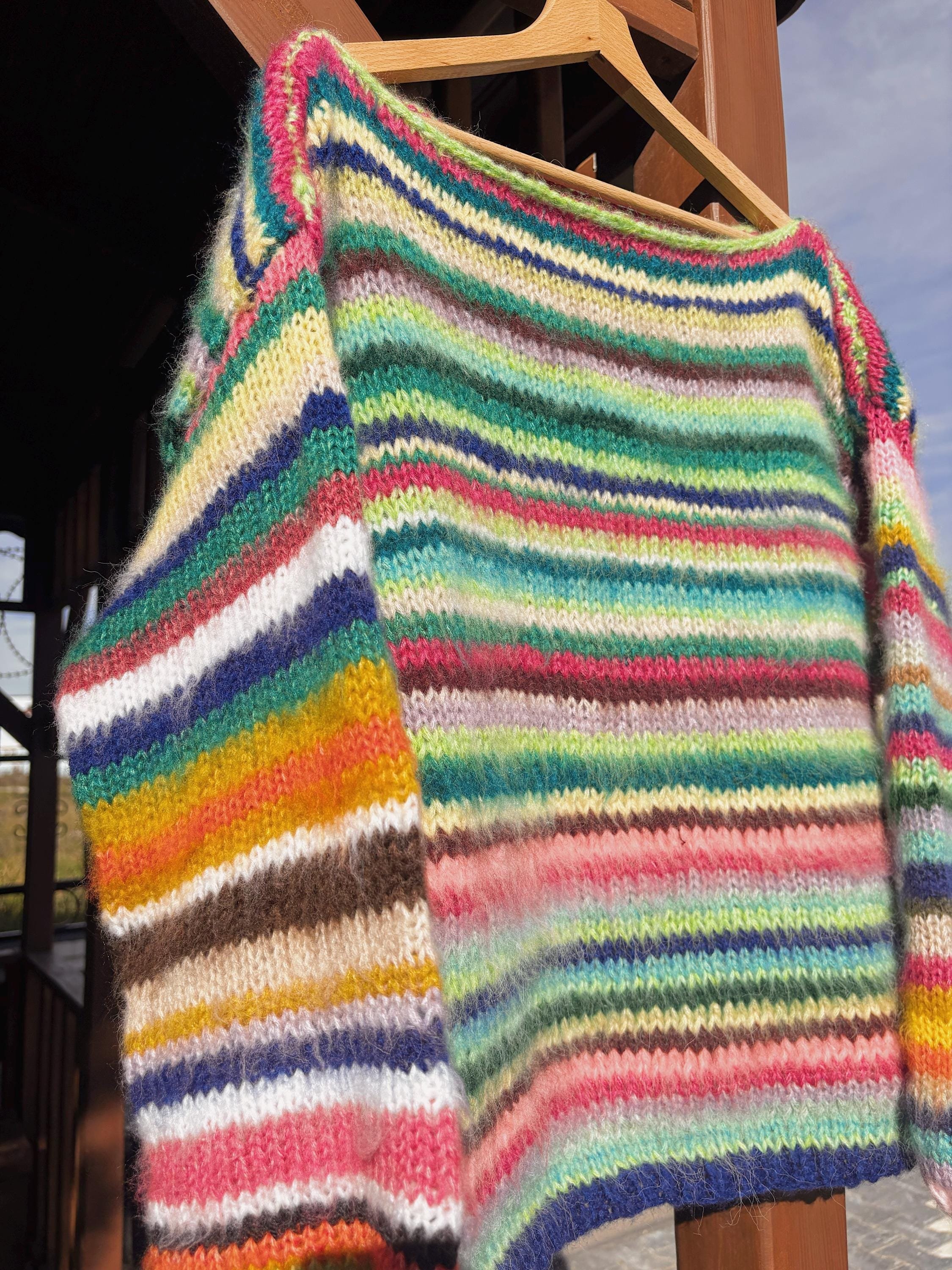 Colorful Striped Sweater, Knitted Sweater, Hand Knitted Warm Sweater,