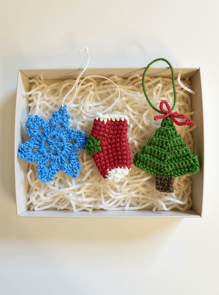 El Yapımı Örgü Yılbaşı Ağaç Süsü Seti (3’lü) | Kar Tanesi, Çorap ve Çam Ağacı | Noel Süsü | Örgü Christmas Ornament Set