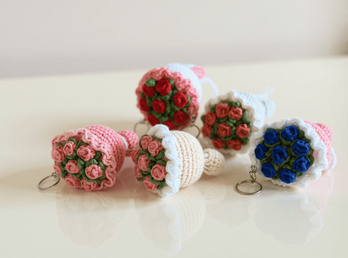Örgü Çiçek Buketi Anahtarlık | El Yapımı Amigurumi Buket Anahtarlık | Romantik & Sevimli