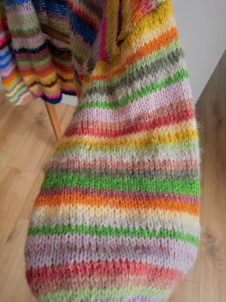 Renkli Çizgili Kazak, Örgü Hırka, El Örgüsü Sıcak Hırka, Oversize Hırka, Unisex Hırka, Çok Renkli Hırka