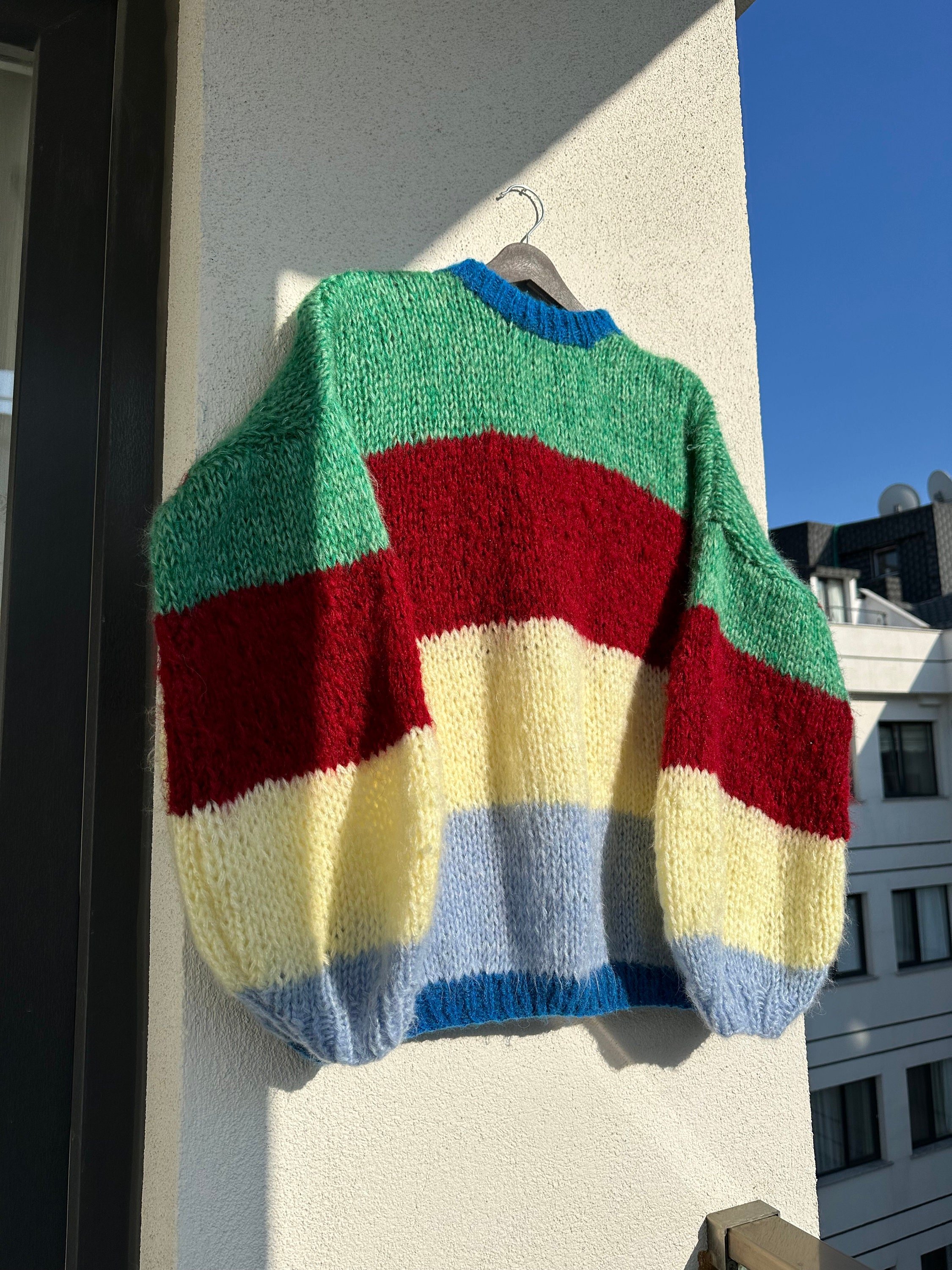 Colorful Striped Sweater, Crochet Sweater, Hand Knitted Warm Sweater,