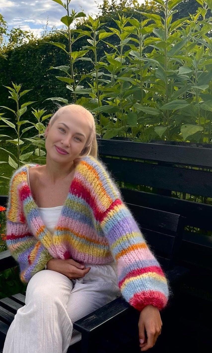 Colorful Striped Sweater, Knit Cardigan, Hand-Knitted Warm Cardigan, Oversized Cardigan, Unisex Cardigan, Multicolored Cardigan