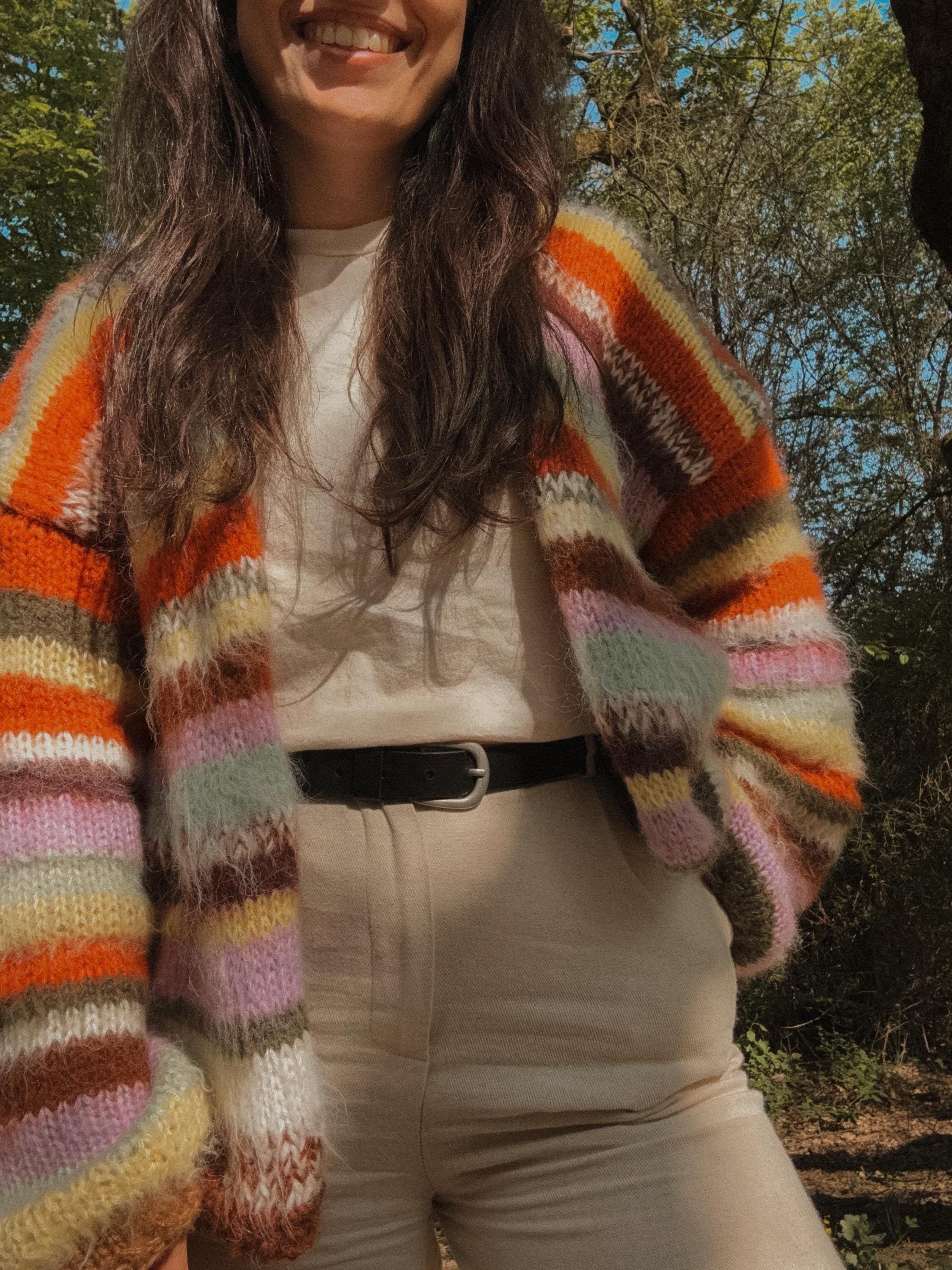 Colorful Striped Cardigan, Knit Cardigan, Hand-Knitted Warm Cardigan, Oversized Cardigan, Unisex Cardigan, Multicolored Cardigan