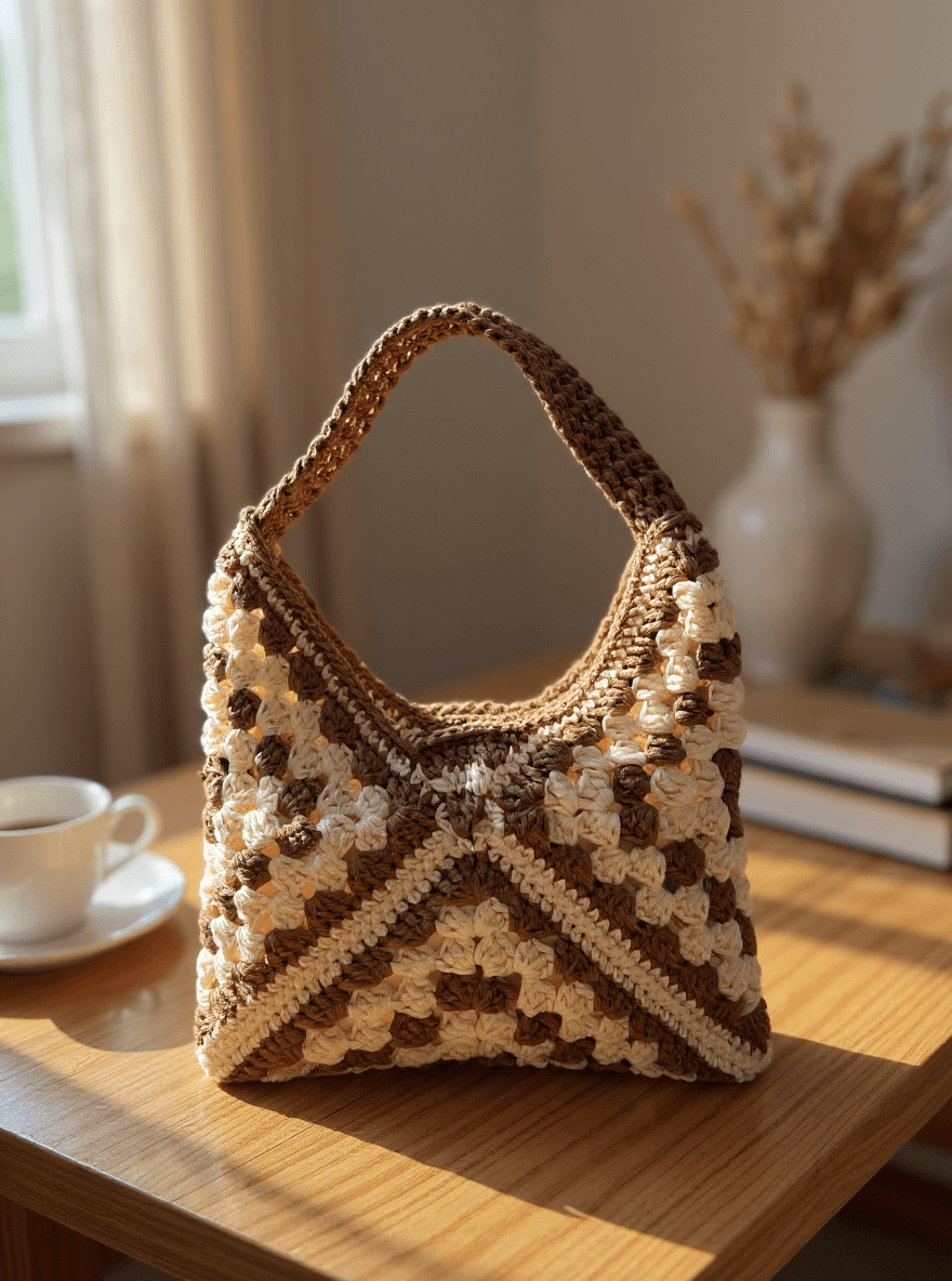 El Yapımı Örgü Granny Square Omuz Çantası – Kahverengi & Krem Bohem Tote