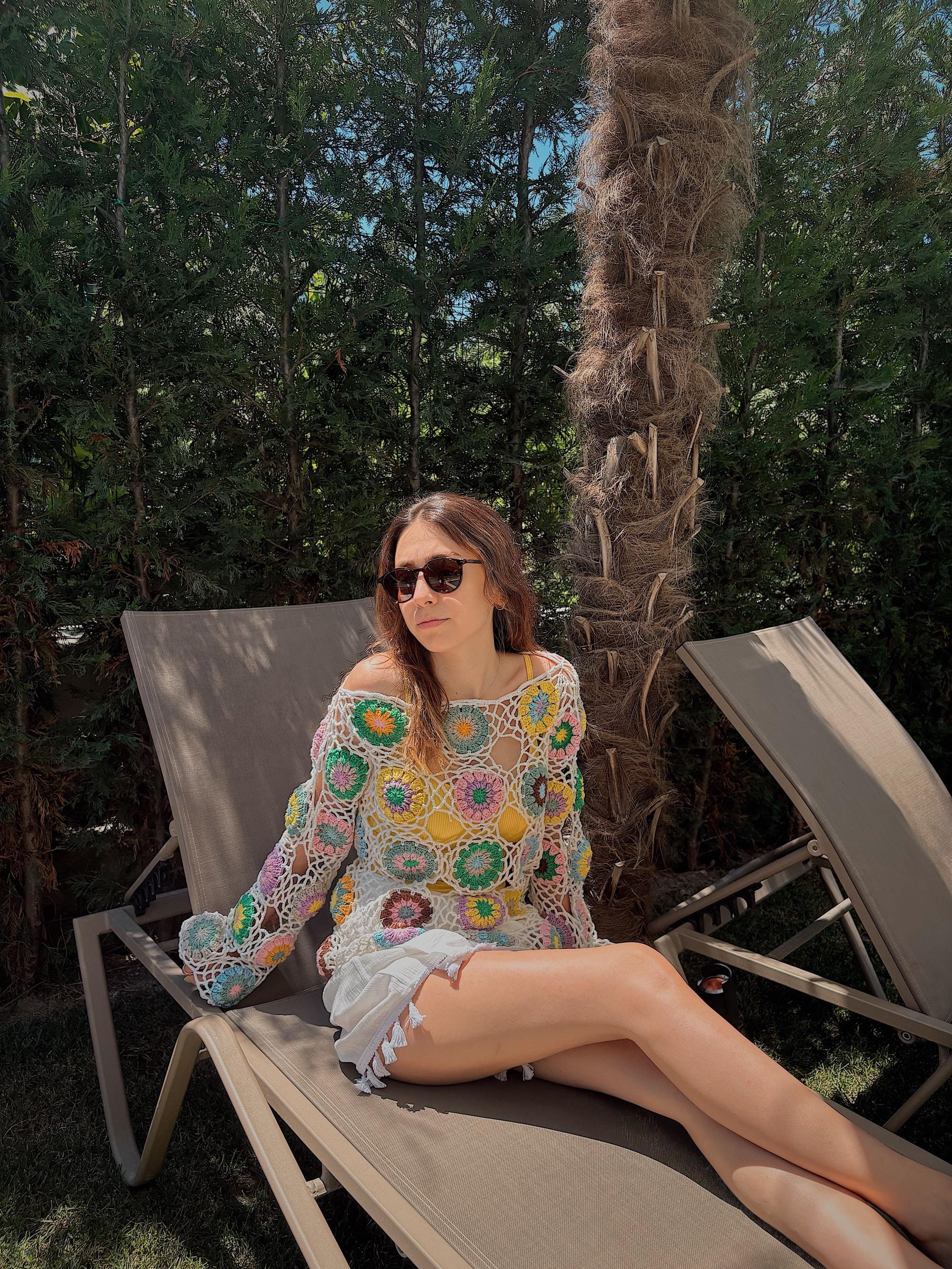 Crochet Long Sleeve Top, Handmade Summer Top, Crochet Vintage Style Blouse, Retro Mesh Pattern Shirt – Boho Granny Square Crop Top