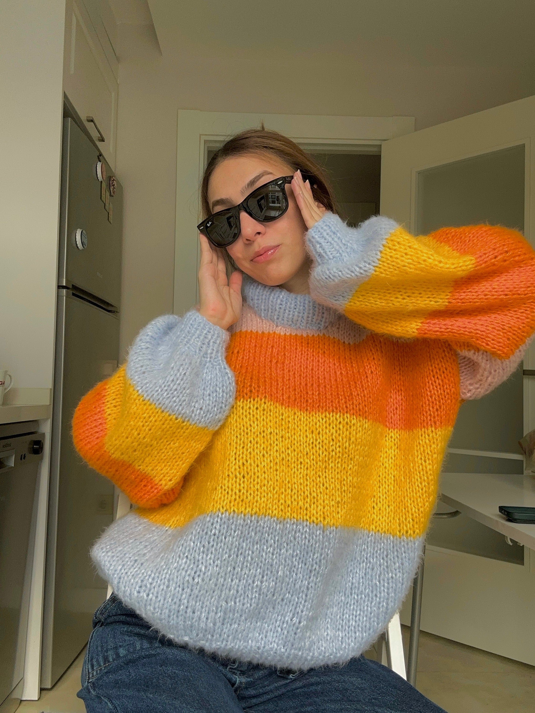 Colorful Striped Sweater, Crochet Sweater, Hand-Knitted Warm Sweater, Oversized Sweater, Unisex Sweater, Multicolored Sweater