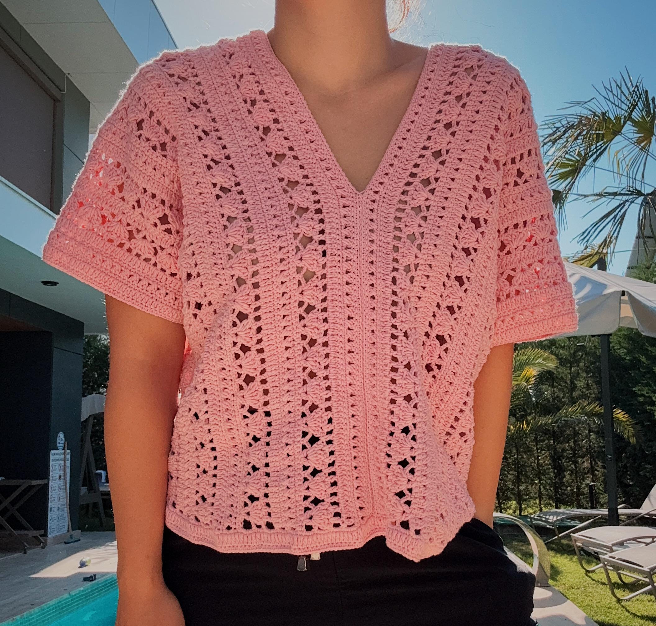 Crochet Summer Top – V-Neck Lace Blouse – Boho Crochet Blouse – Lightweight Beachwear – Short Sleeve Mesh Top
