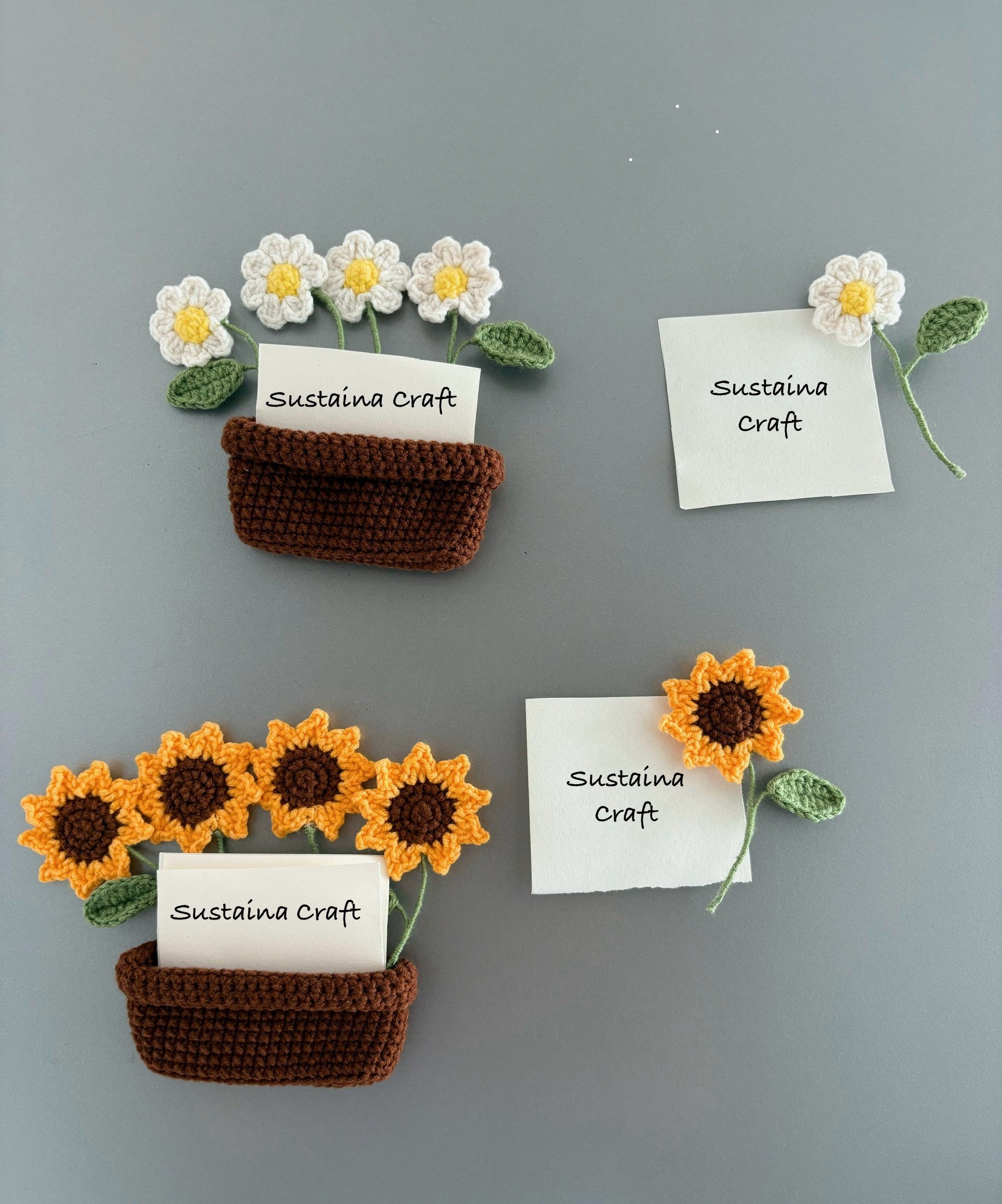 El Yapımı Örgü Çiçek Saksı Magnet – Papatya & Ayçiçeği Modelleri