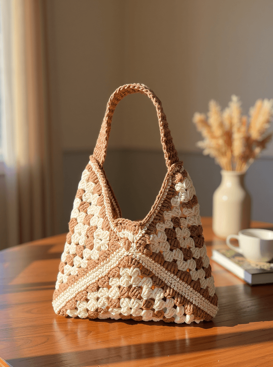 El Yapımı Örgü Granny Square Omuz Çantası – Kahverengi & Krem Bohem Tote