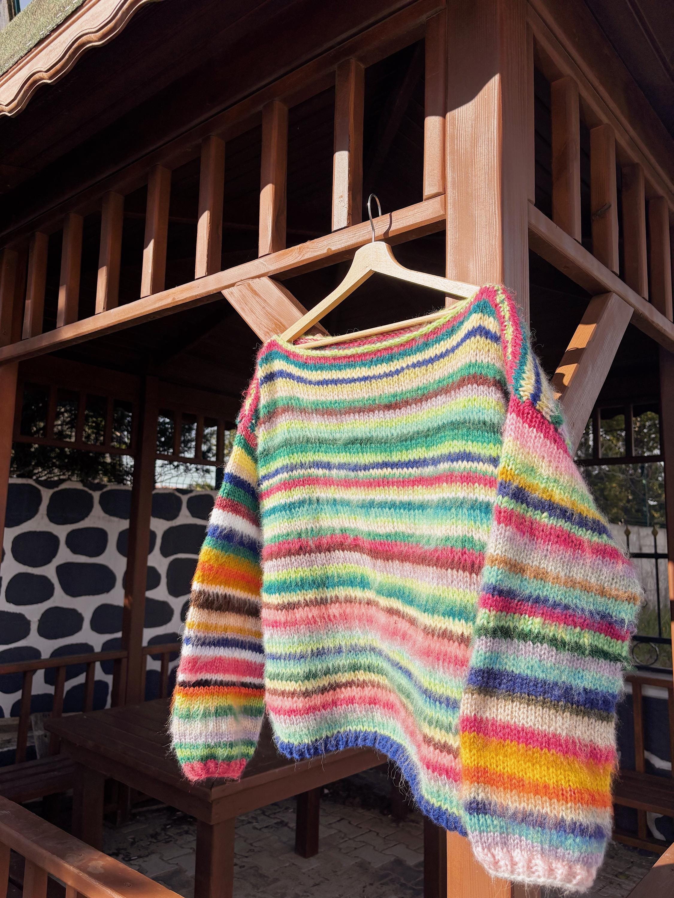 Colorful Striped Sweater, Knitted Sweater, Hand Knitted Warm Sweater,