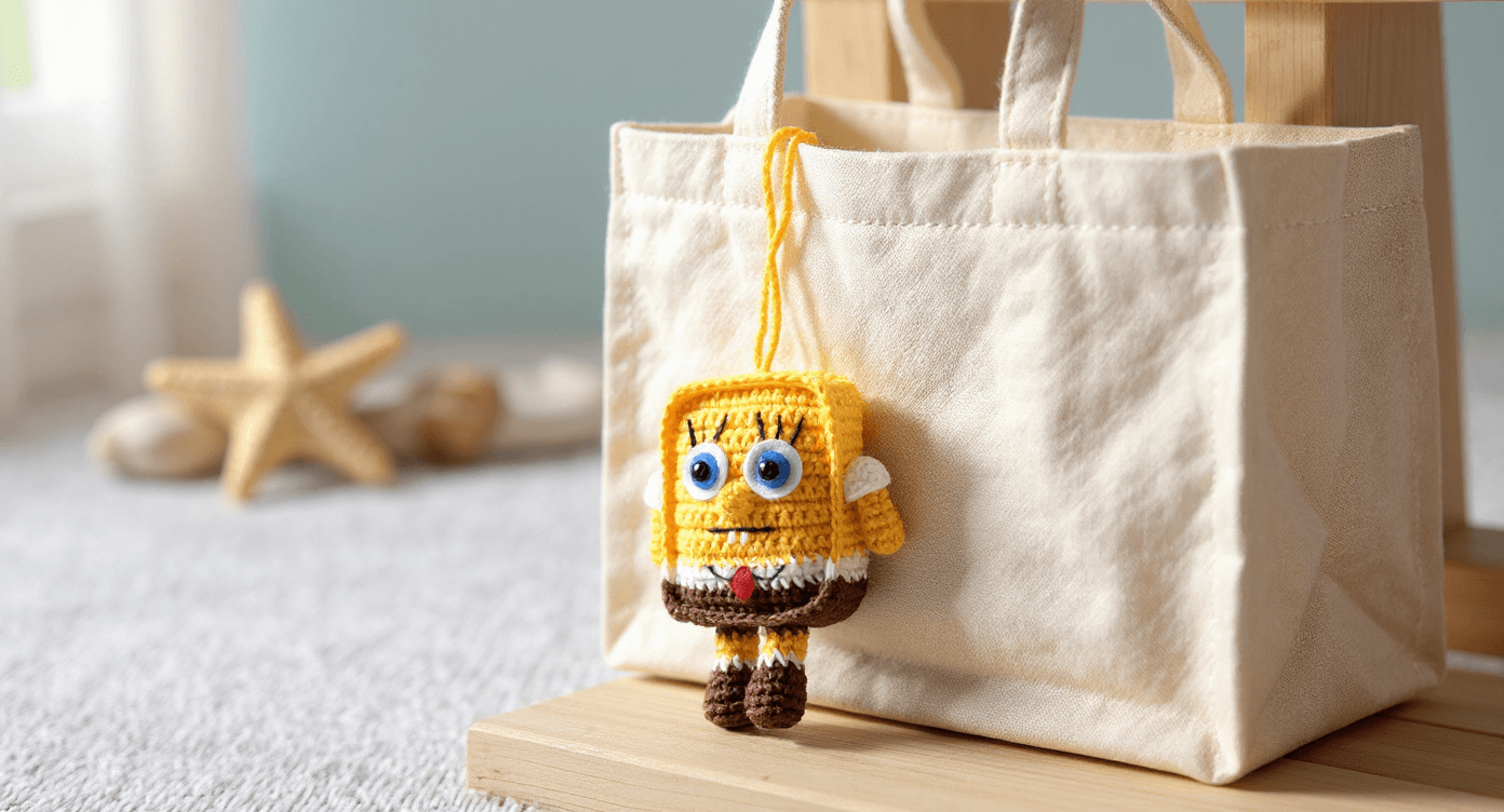 El Yapımı Örgü Sünger Bob Charm – Sevimli Amigurumi Karakter Figürü