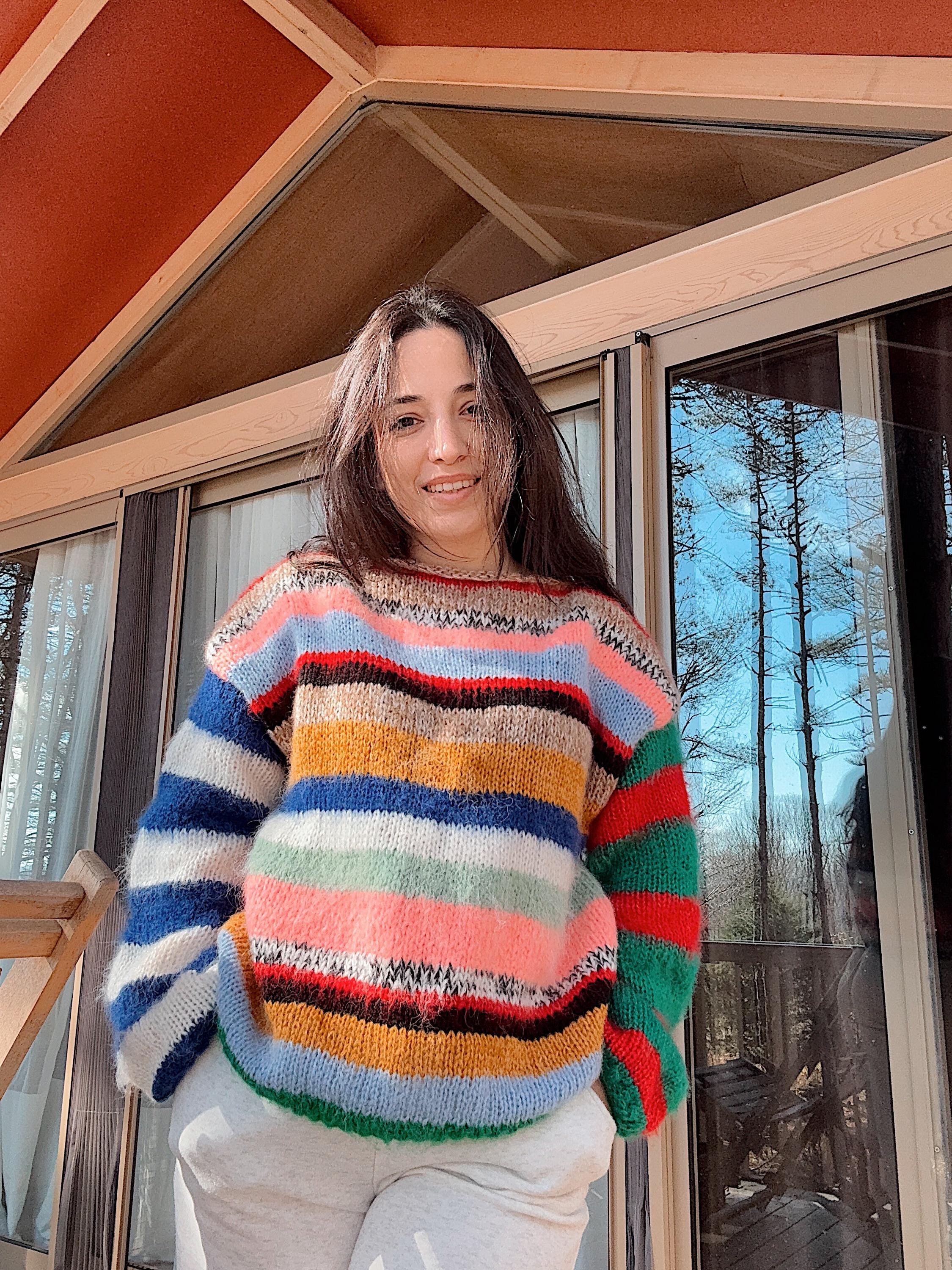 Colorful Striped Sweater, Crochet Sweater, Hand Knitted Warm Sweater,