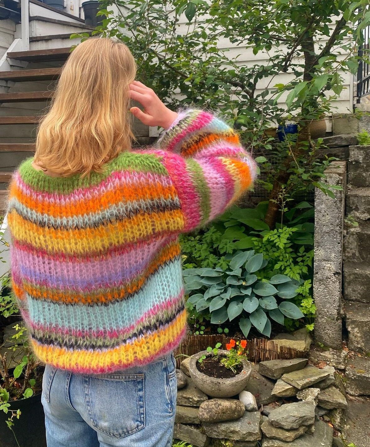 Colorful Striped Sweater, Crochet Sweater, Hand-Knitted Warm Sweater, Oversized Sweater, Unisex Sweater, Multicolored Sweater