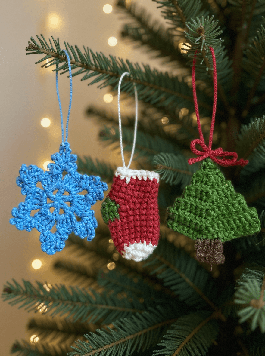 El Yapımı Örgü Yılbaşı Ağaç Süsü Seti (3’lü) | Kar Tanesi, Çorap ve Çam Ağacı | Noel Süsü | Örgü Christmas Ornament Set