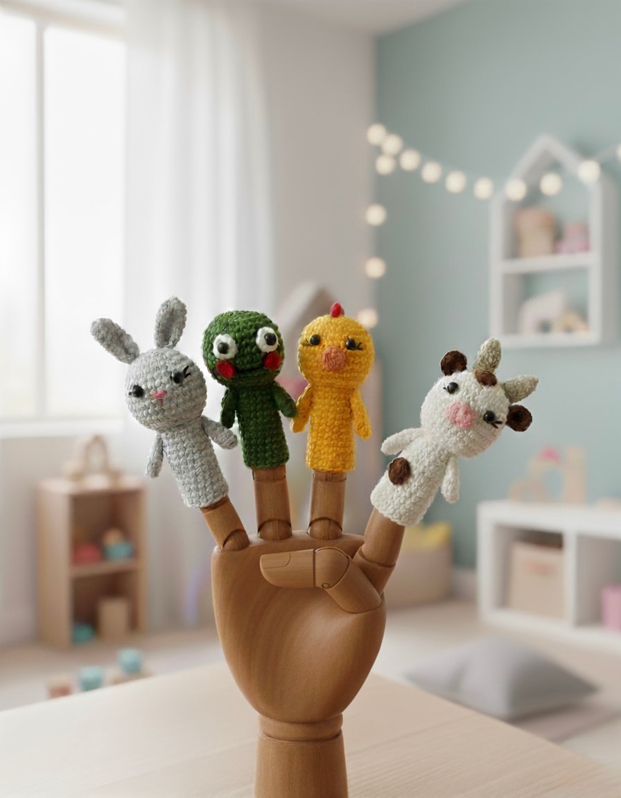 El Örgüsü Hayvan Temalı Parmak Kukla Seti (4’lü) – Tavşan, Kurbağa, Civciv ve İnek