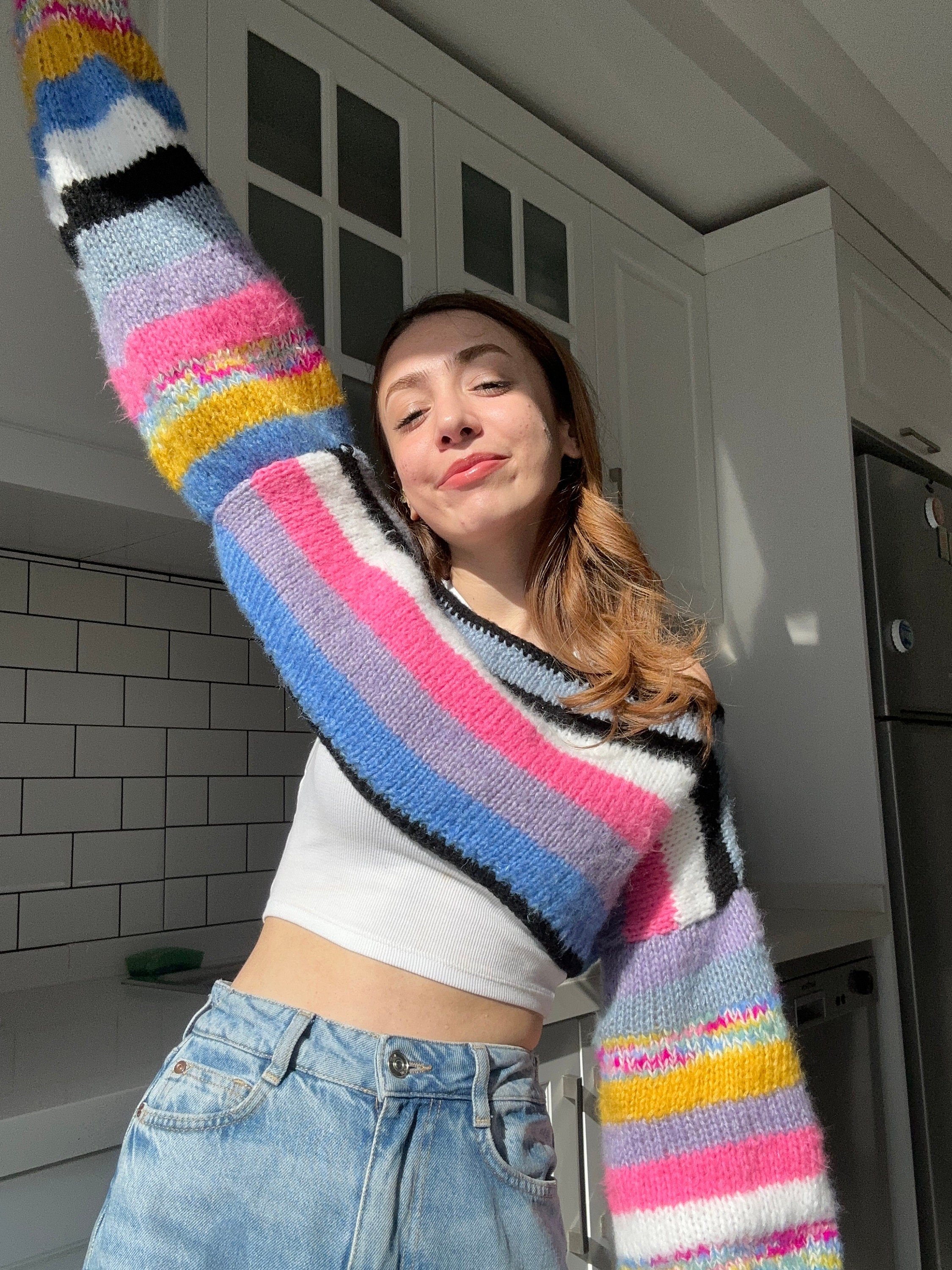 Colorful Crochet Long Sleeve Top, Handmade Crop Top, Vintage Style Crochet Blouse, Handmade Long Sleeve Blouse, Beach Cover Up, Handmade Crop