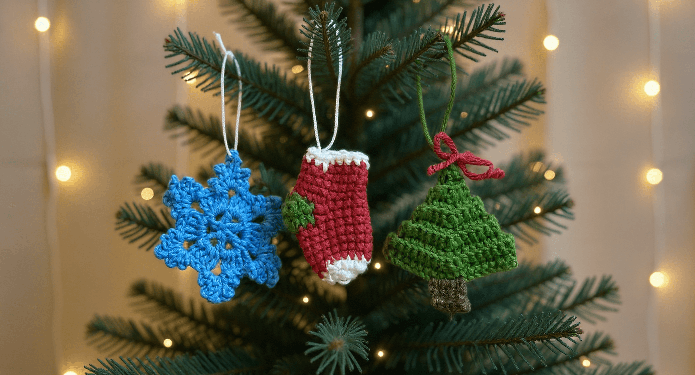 El Yapımı Örgü Yılbaşı Ağaç Süsü Seti (3’lü) | Kar Tanesi, Çorap ve Çam Ağacı | Noel Süsü | Örgü Christmas Ornament Set