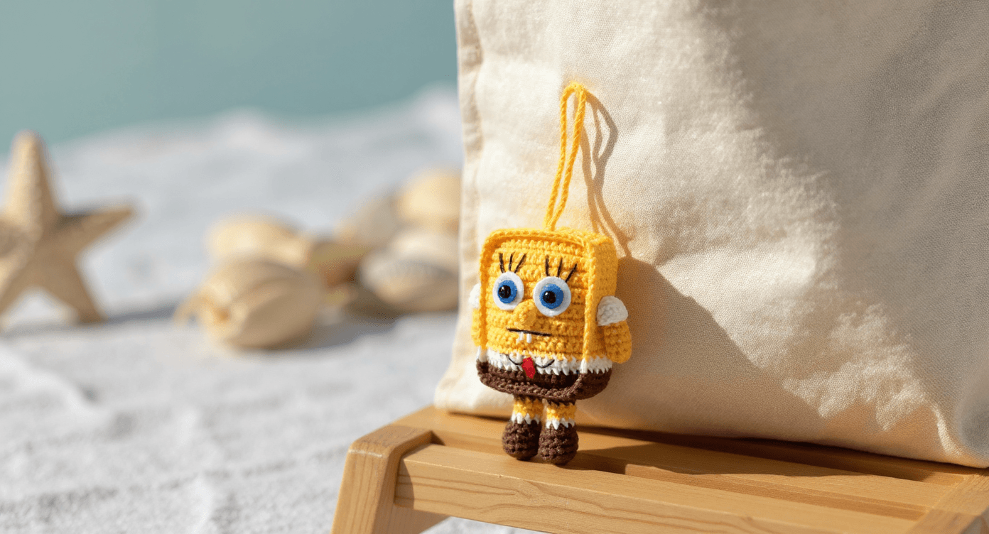 El Yapımı Örgü Sünger Bob Charm – Sevimli Amigurumi Karakter Figürü