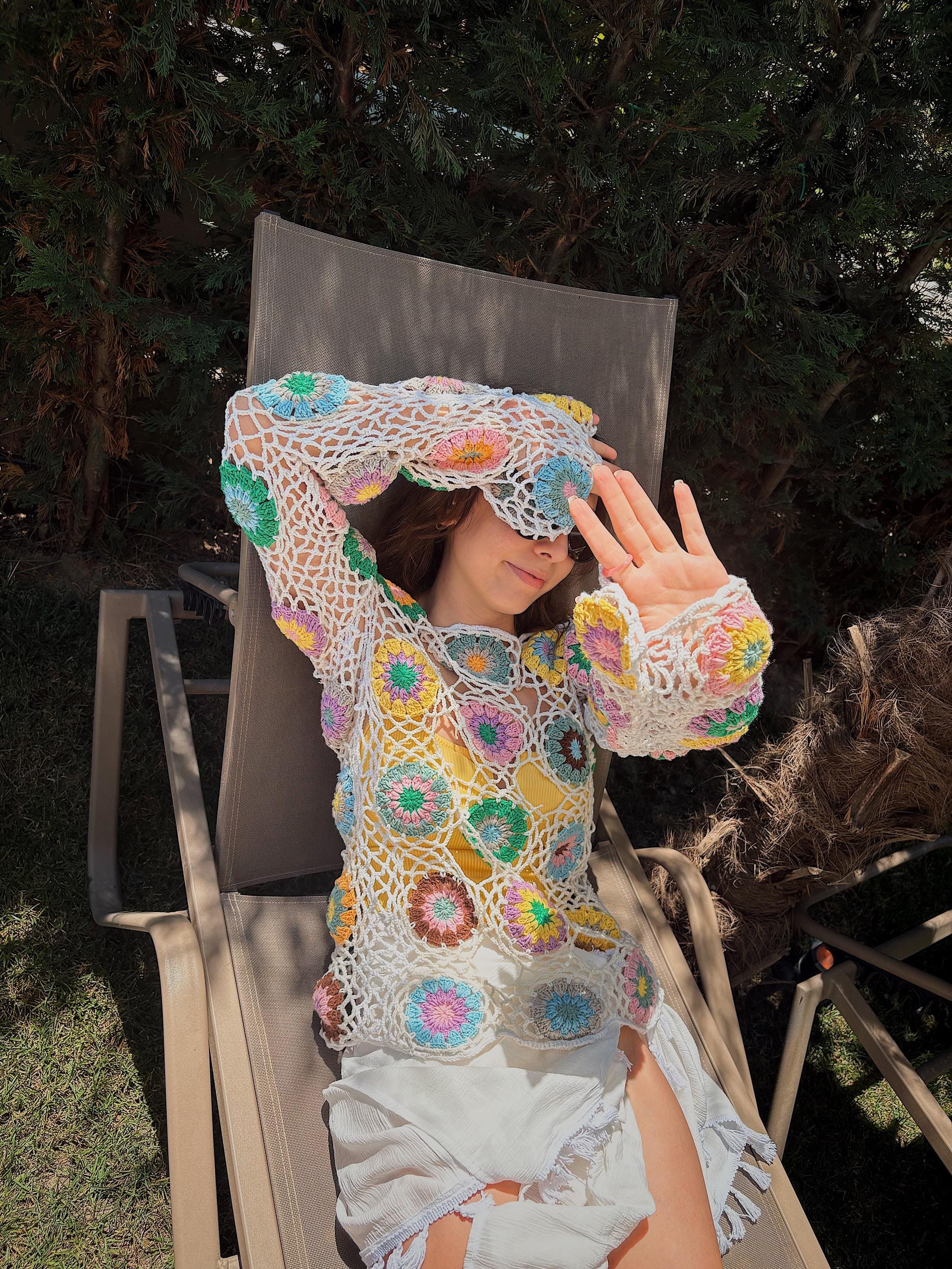 Crochet Long Sleeve Top, Handmade Summer Top, Crochet Vintage Style Blouse, Retro Mesh Pattern Shirt – Boho Granny Square Crop Top