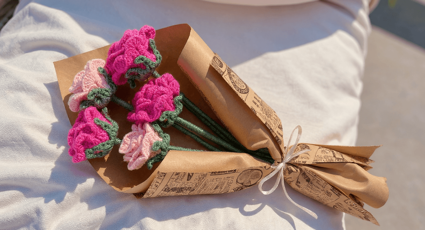 El Yapımı Örgü Gül Buketi – Pembe ve Açık Pembe Tığ İşi Çiçek Aranjmanı, Solmayan Kalıcı Hediye