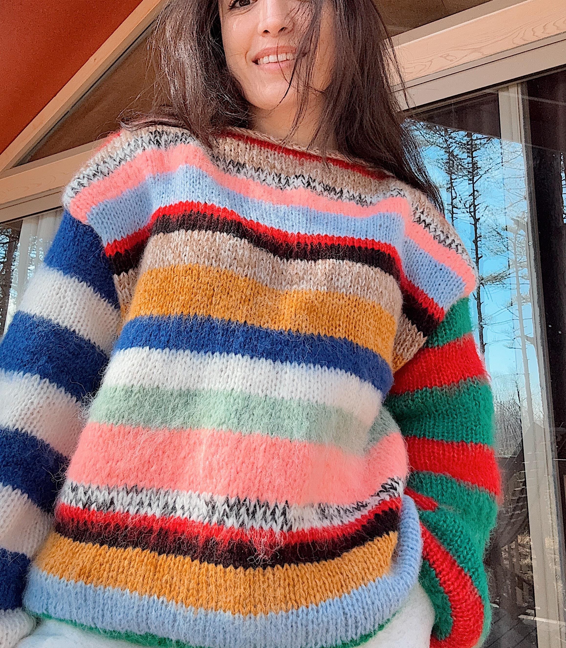 Colorful Striped Sweater, Crochet Sweater, Hand Knitted Warm Sweater,