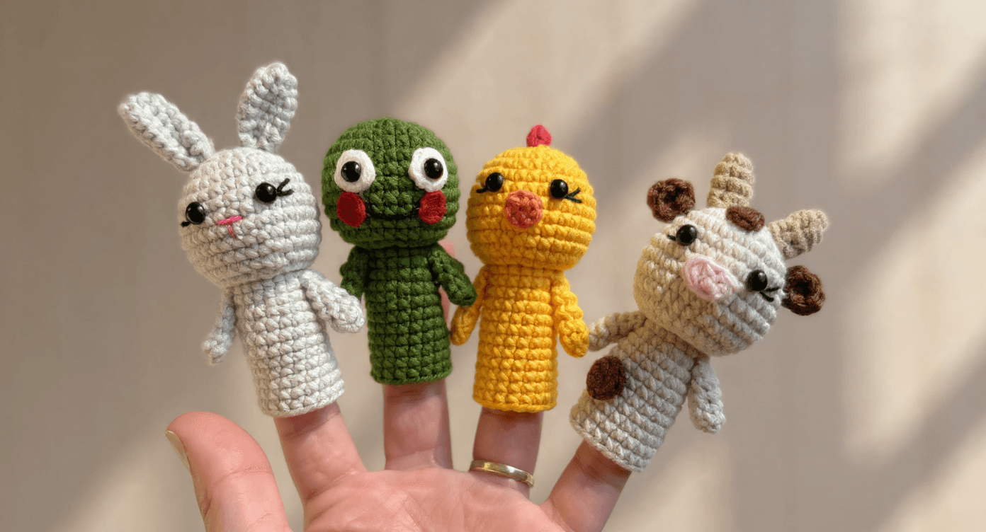 El Örgüsü Hayvan Temalı Parmak Kukla Seti (4’lü) – Tavşan, Kurbağa, Civciv ve İnek