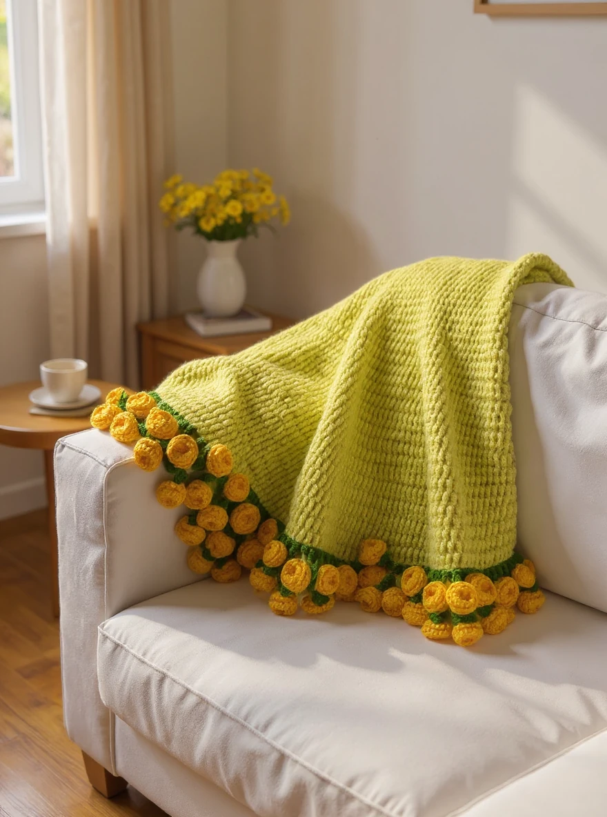 El Yapımı Örgü Buket Battaniye – Sarı Çiçekli Tığ İşi TV ve Diz Battaniyesi