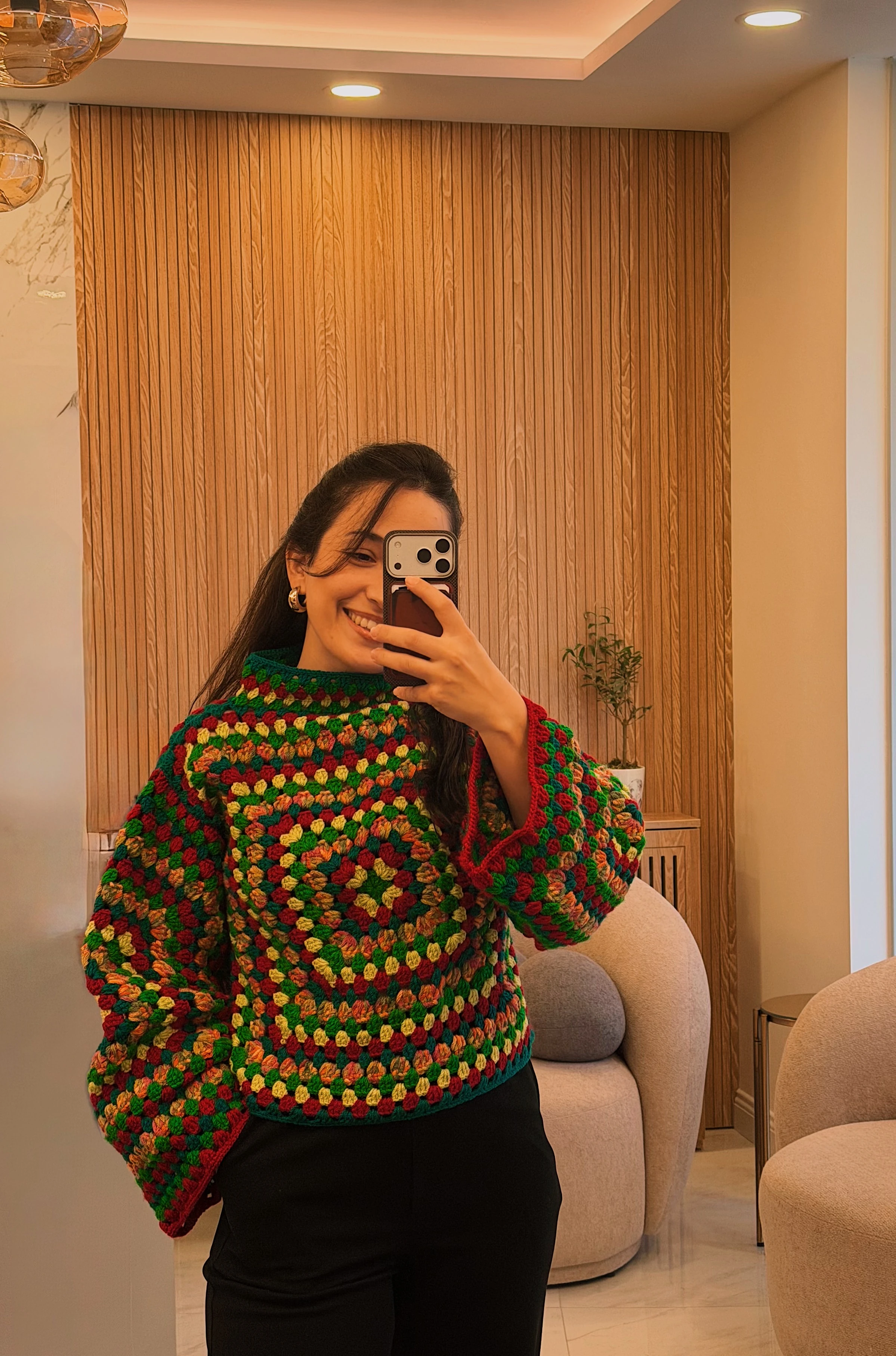 El Yapımı Renkli Crochet Granny Square Örgü Kazak | Oversize Bohem Kazak 