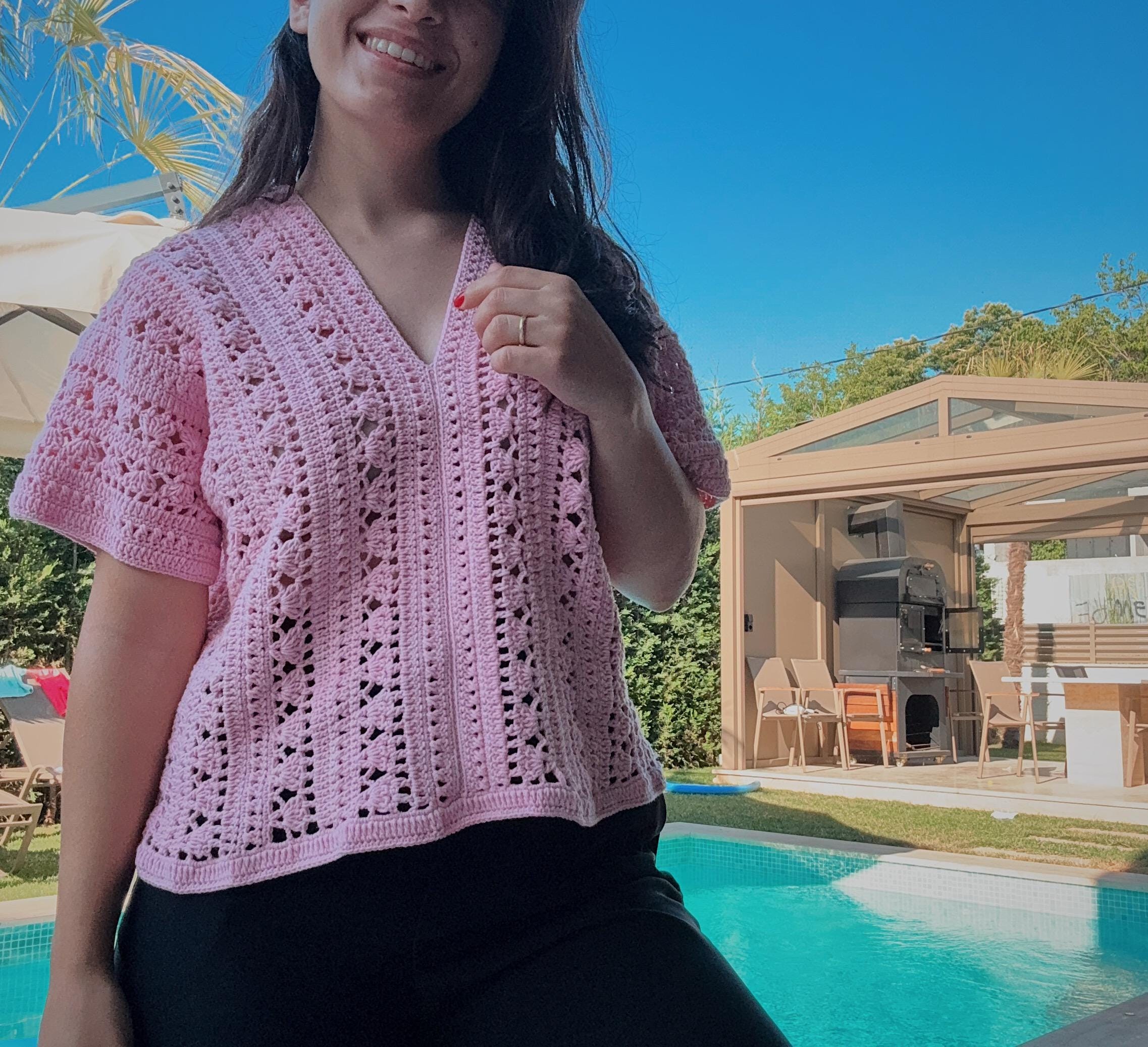 Crochet Summer Top – V-Neck Lace Blouse – Boho Crochet Blouse – Lightweight Beachwear – Short Sleeve Mesh Top