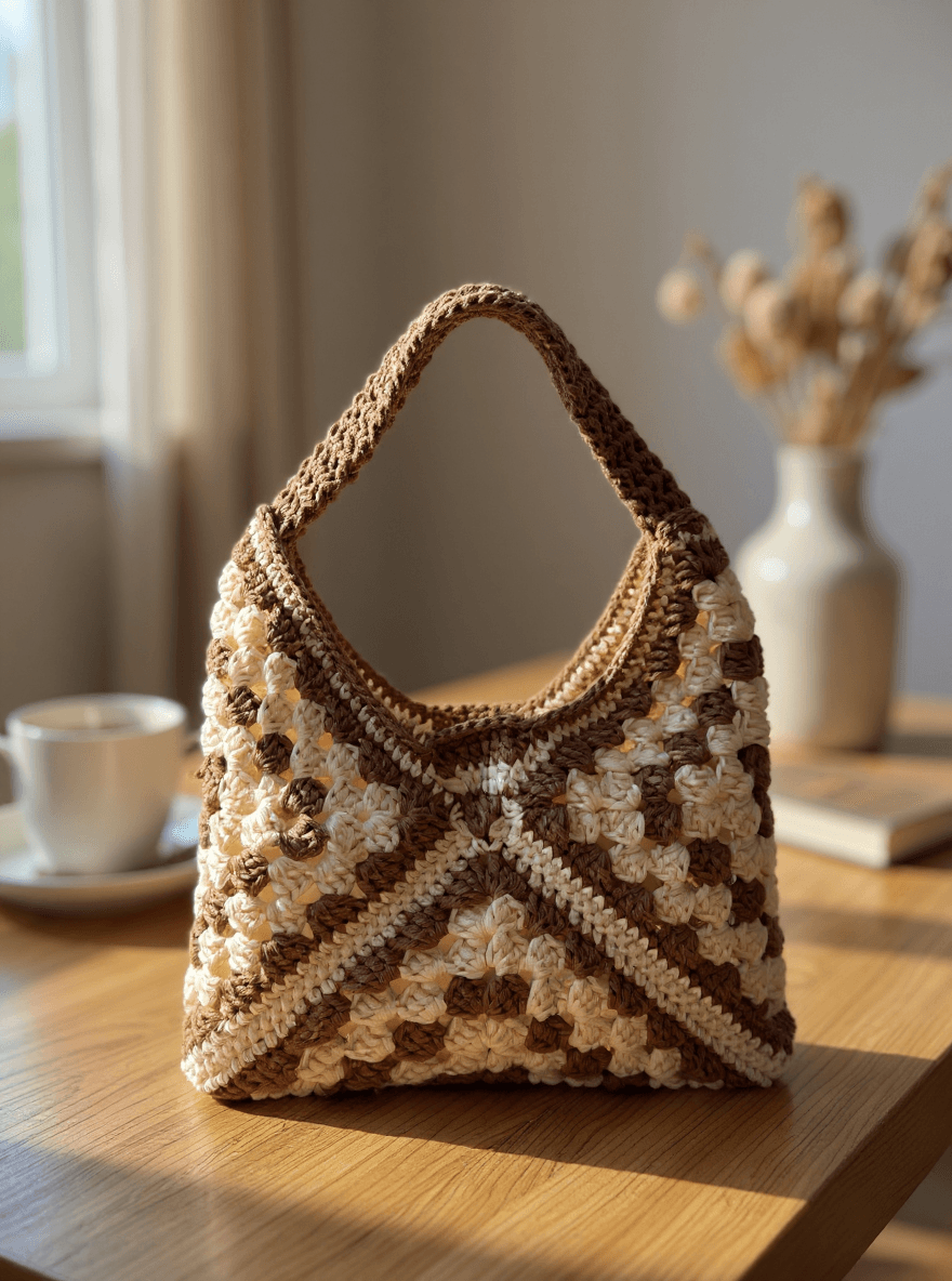 El Yapımı Örgü Granny Square Omuz Çantası – Kahverengi & Krem Bohem Tote