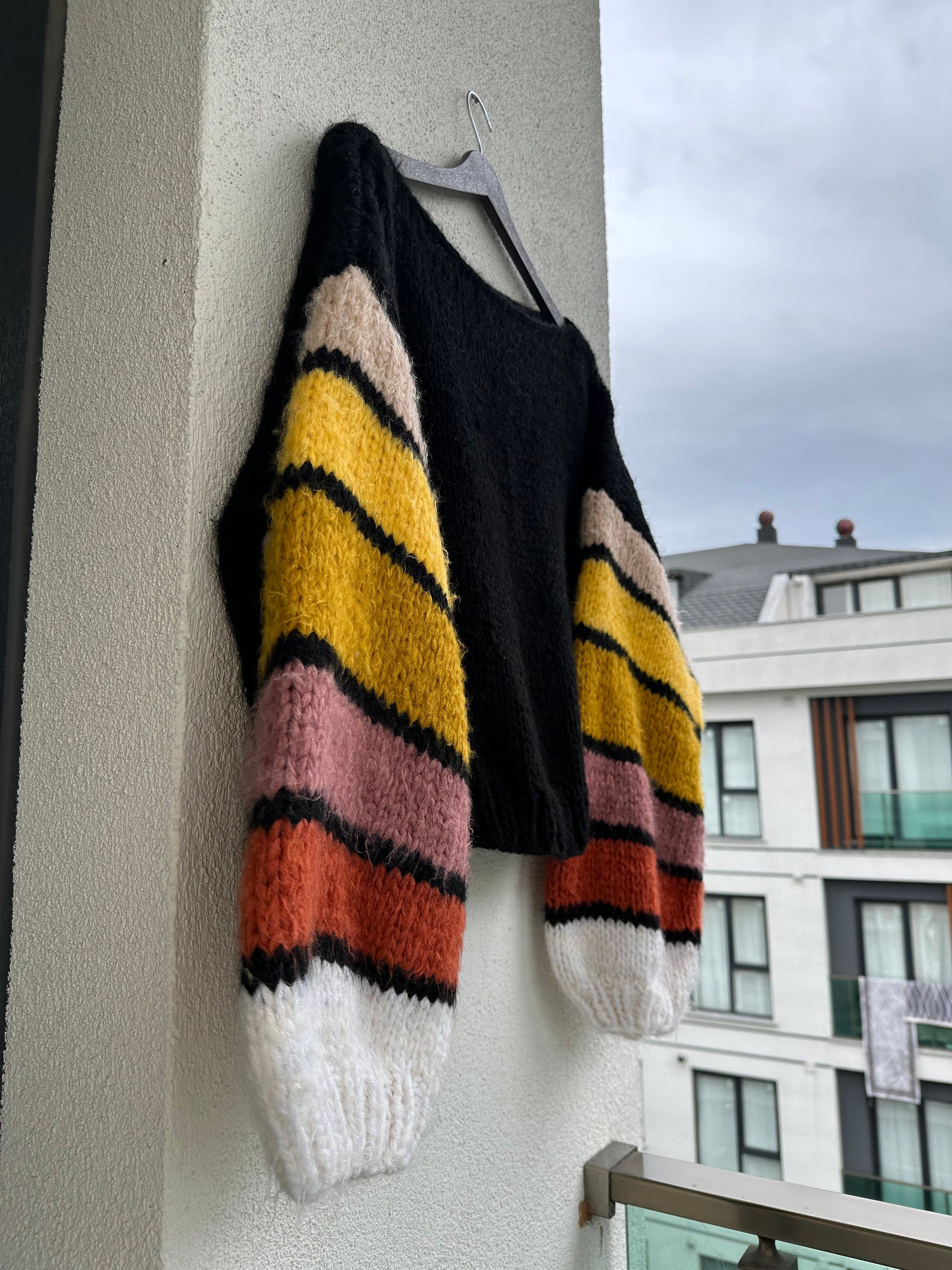 Colorful Striped Sweater, Crochet Sweater, Hand Knitted Warm Sweater,