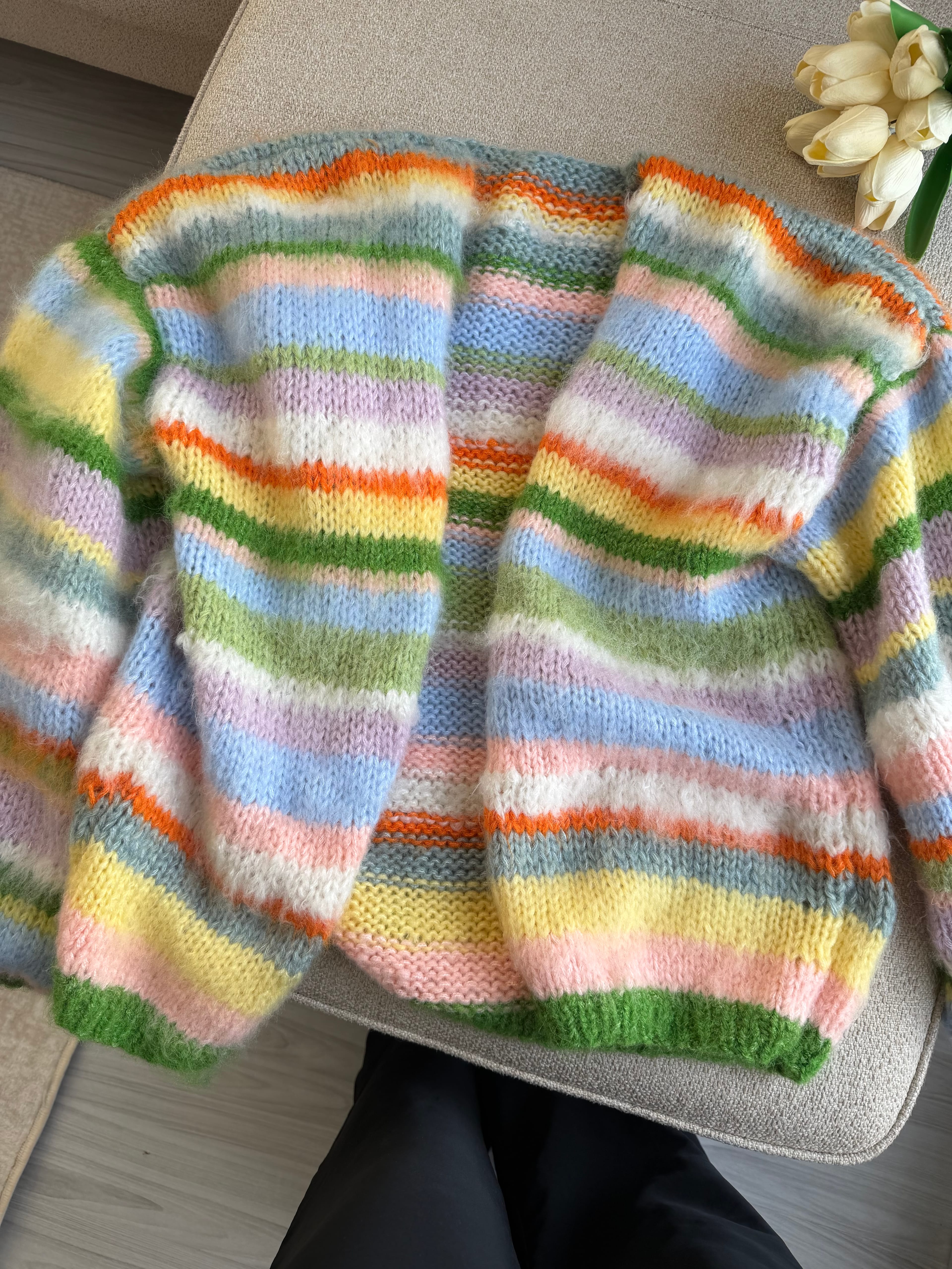 Renkli Çizgili Kazak, Örgü Hırka, El Örgüsü Sıcak Hırka, Oversize Hırka, Unisex Hırka, Çok Renkli Hırka