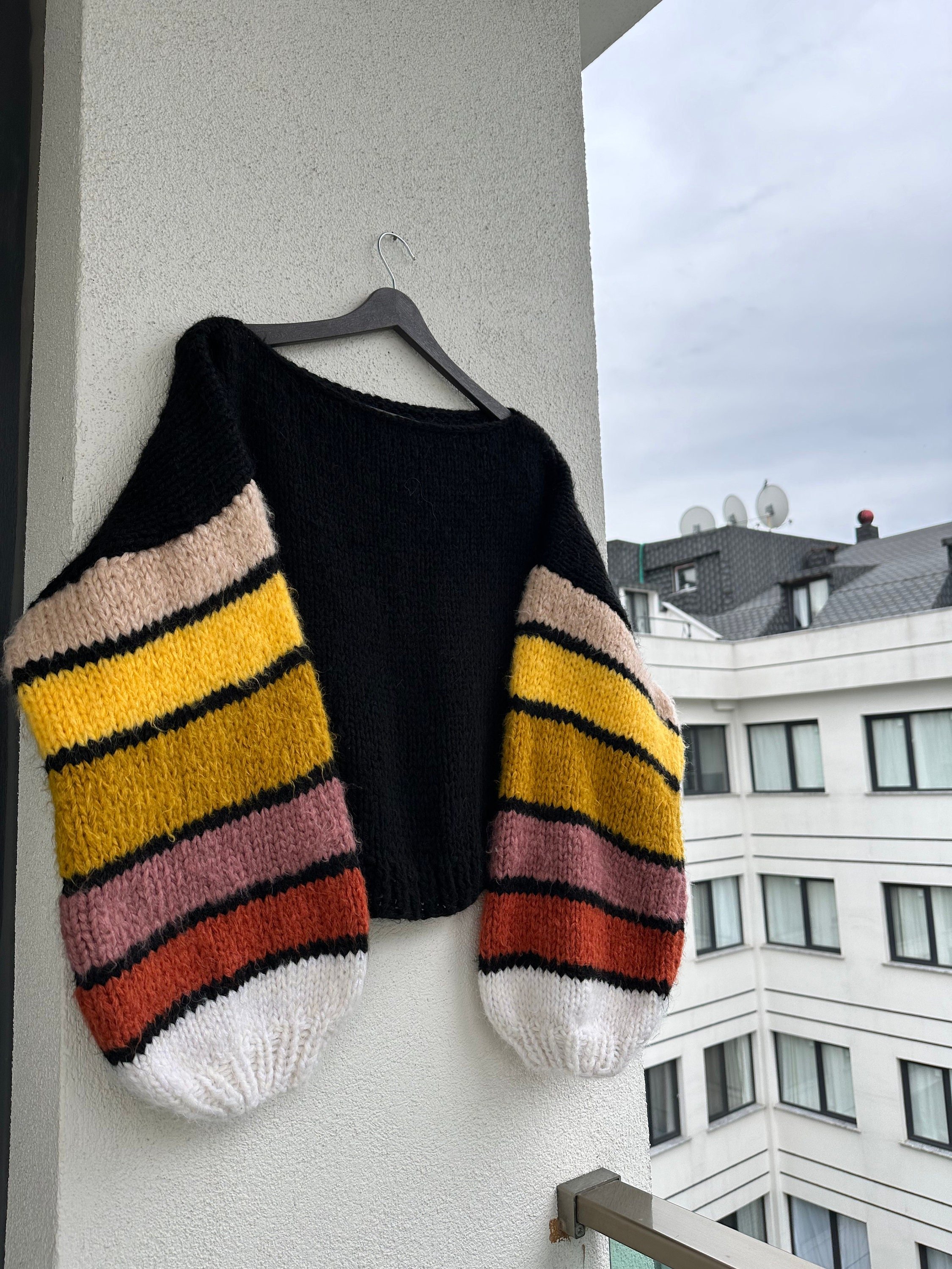 Colorful Striped Sweater, Crochet Sweater, Hand Knitted Warm Sweater,