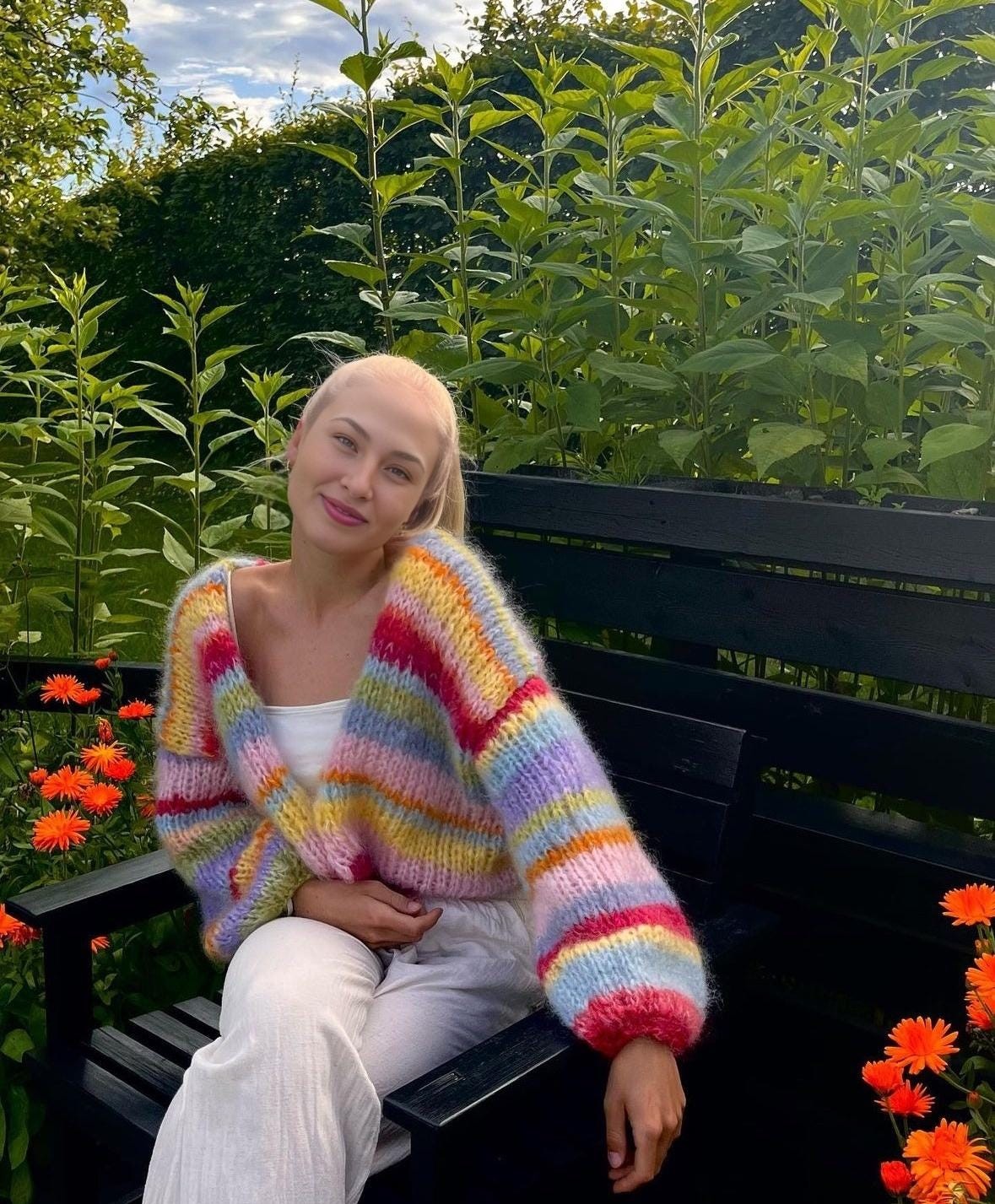 Colorful Striped Sweater, Knit Cardigan, Hand-Knitted Warm Cardigan, Oversized Cardigan, Unisex Cardigan, Multicolored Cardigan