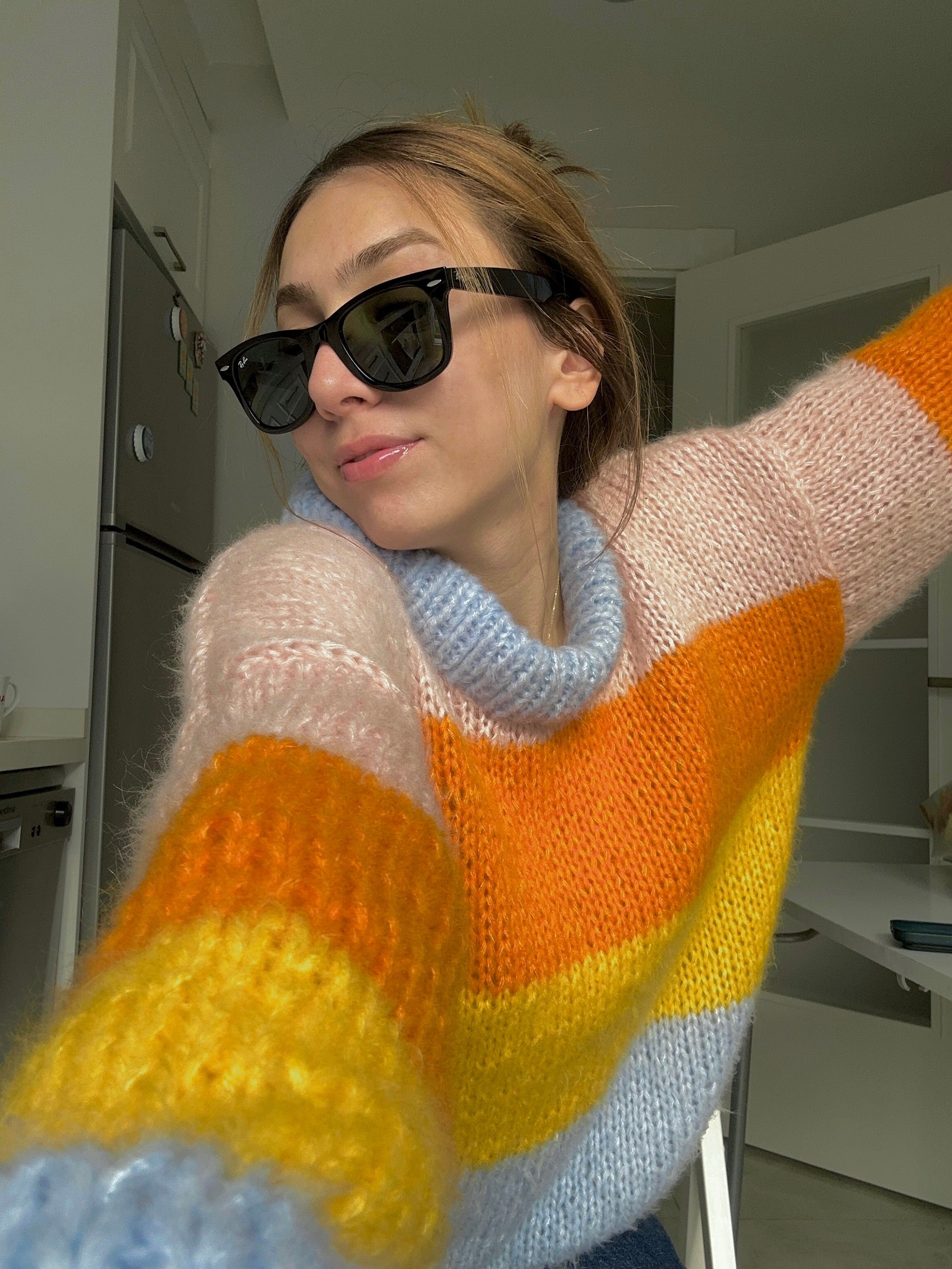 Colorful Striped Sweater, Crochet Sweater, Hand-Knitted Warm Sweater, Oversized Sweater, Unisex Sweater, Multicolored Sweater