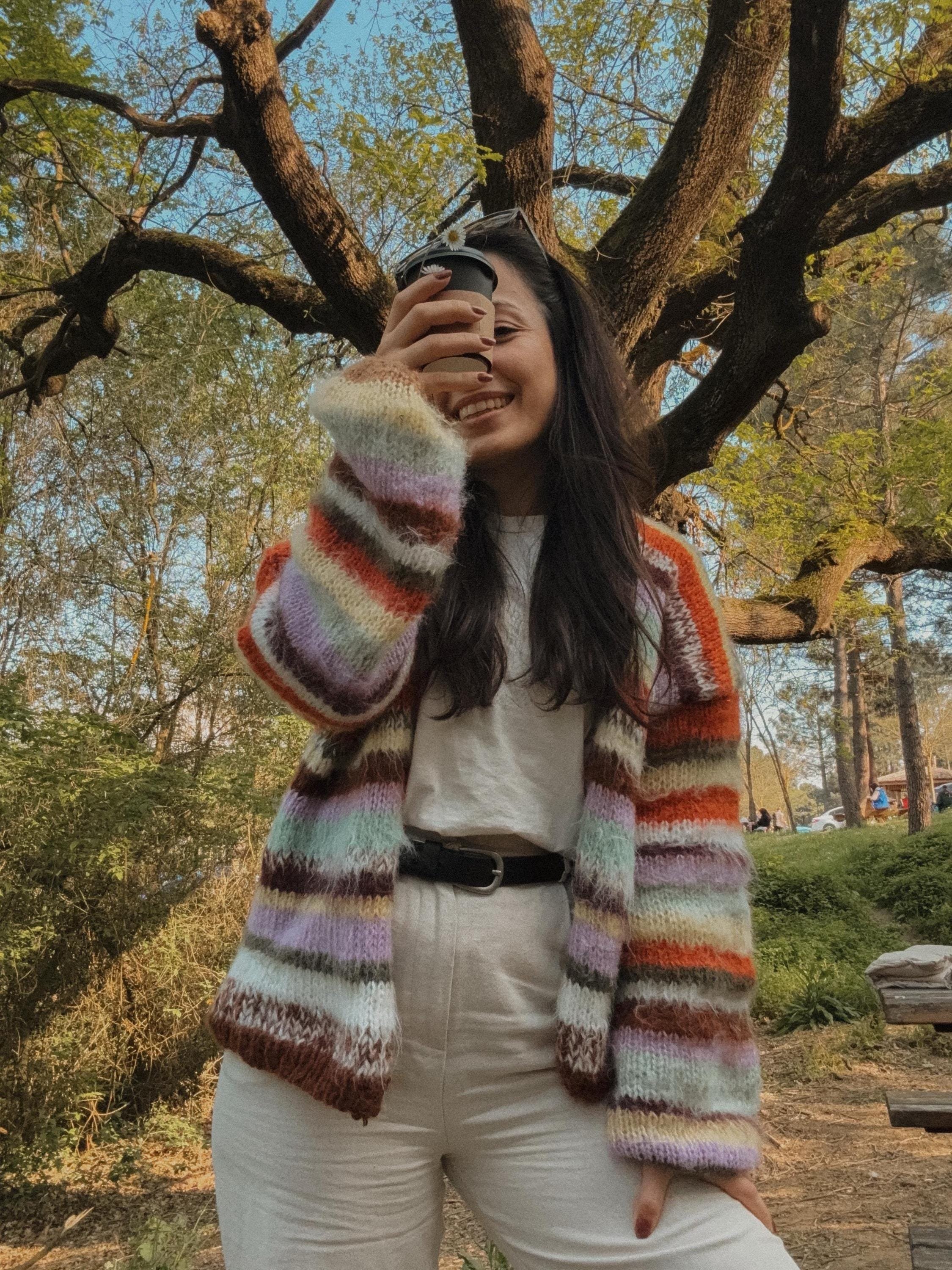 Colorful Striped Cardigan, Knit Cardigan, Hand-Knitted Warm Cardigan, Oversized Cardigan, Unisex Cardigan, Multicolored Cardigan