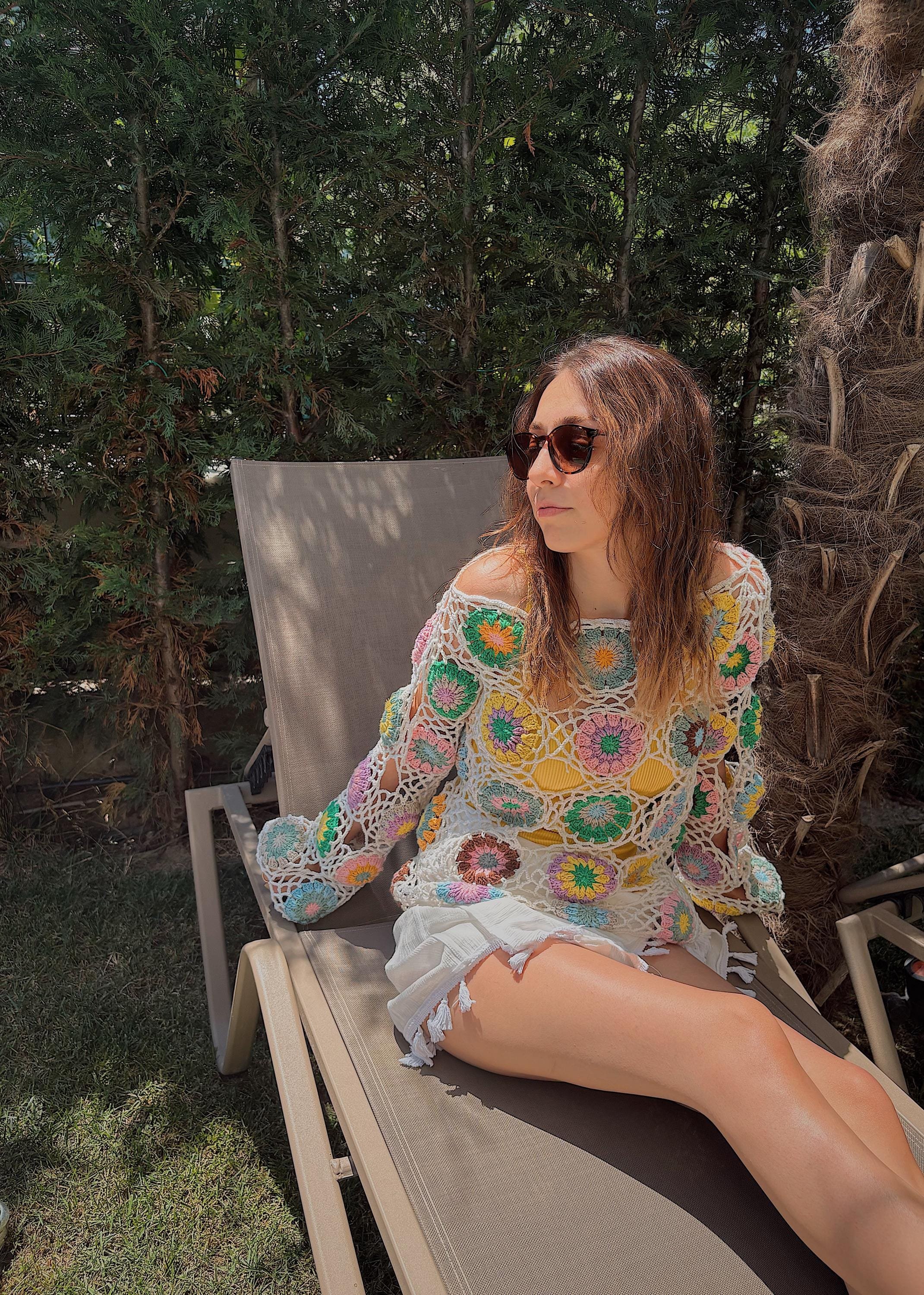 Crochet Long Sleeve Top, Handmade Summer Top, Crochet Vintage Style Blouse, Retro Mesh Pattern Shirt – Boho Granny Square Crop Top