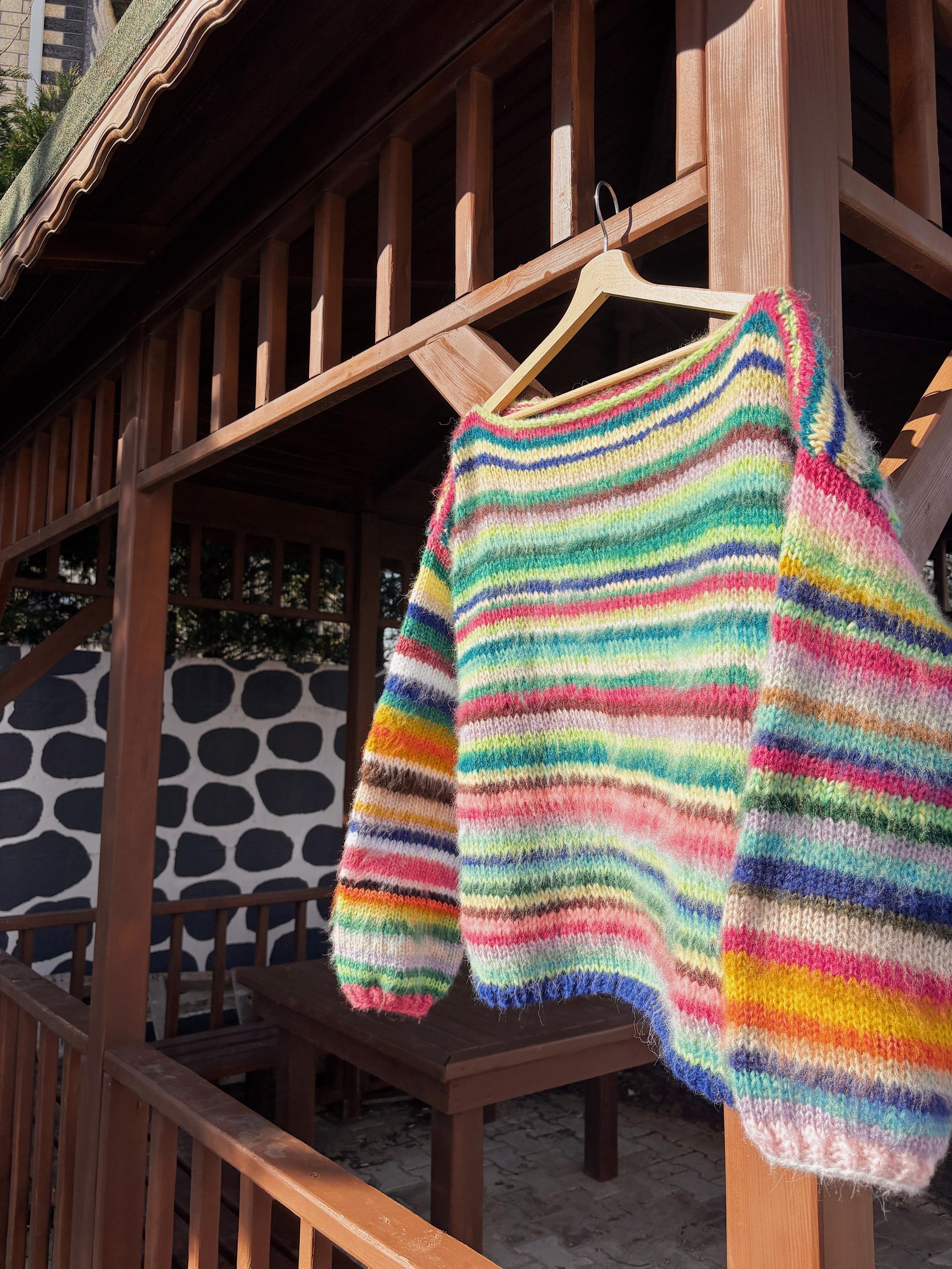 Colorful Striped Sweater, Knitted Sweater, Hand Knitted Warm Sweater,