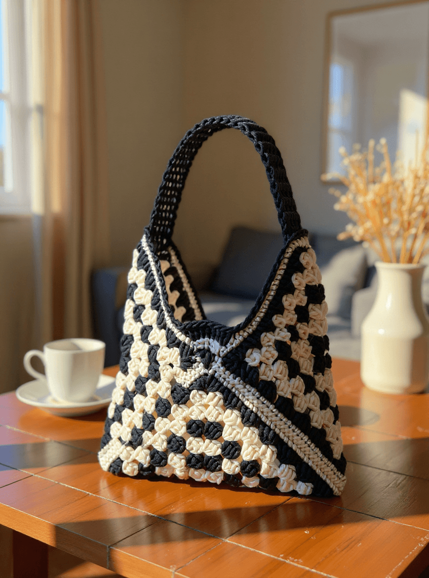El Yapımı Siyah Beyaz Granny Square Örgü Çanta – Omuz Çantası, Retro Bohem Stil
