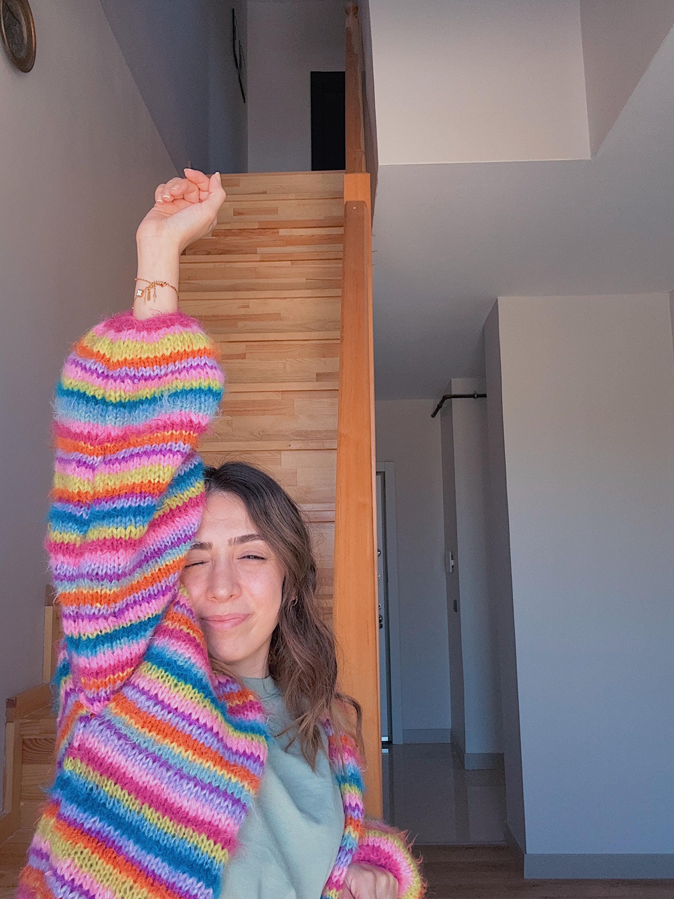 Colorful Striped Cardigan, Knit Cardigan, Hand-Knitted Warm Cardigan, Oversized Cardigan, Unisex Cardigan, Multicolored Cardigan