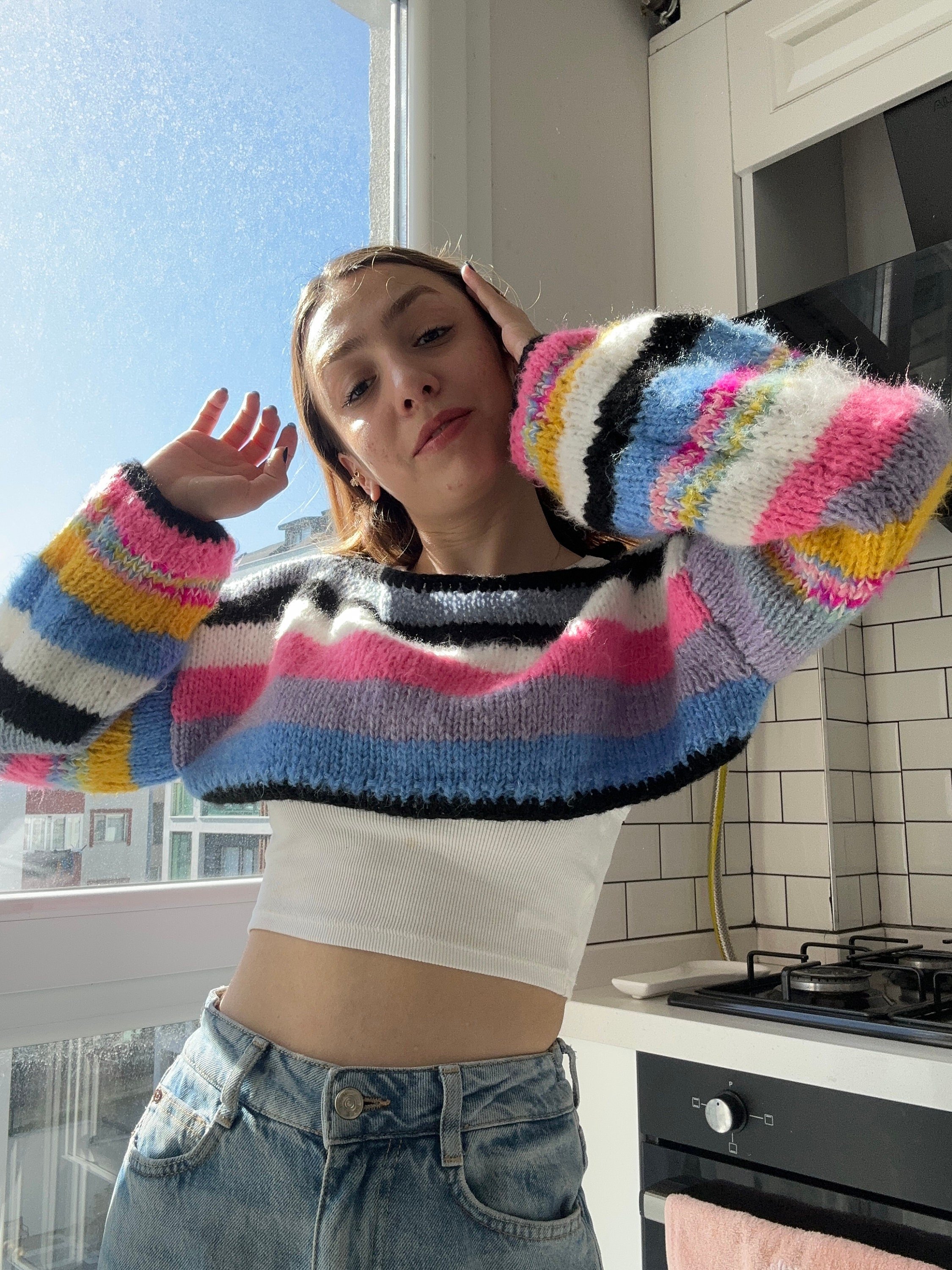 Colorful Crochet Long Sleeve Top, Handmade Crop Top, Vintage Style Crochet Blouse, Handmade Long Sleeve Blouse, Beach Cover Up, Handmade Crop