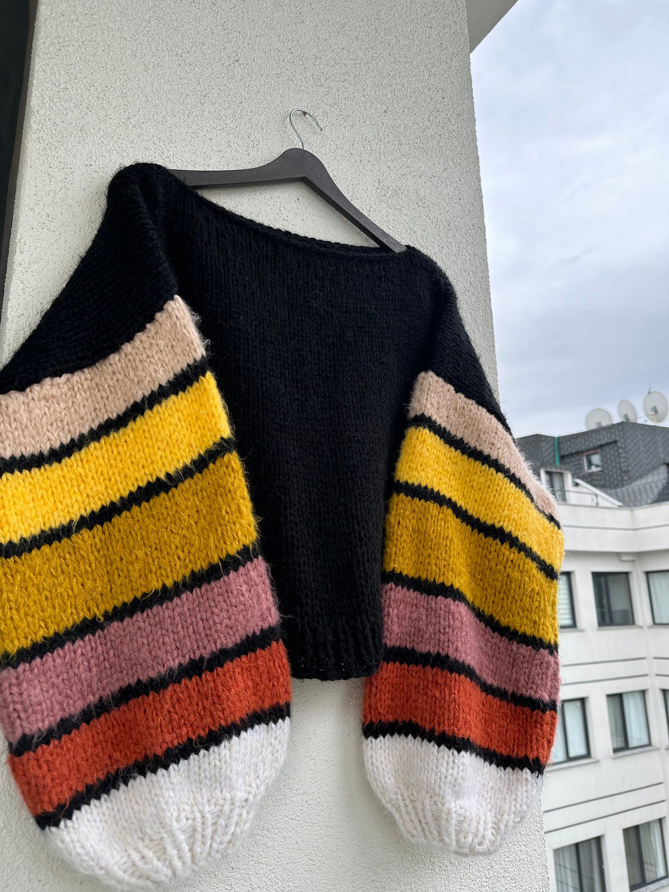 Colorful Striped Sweater, Crochet Sweater, Hand Knitted Warm Sweater,