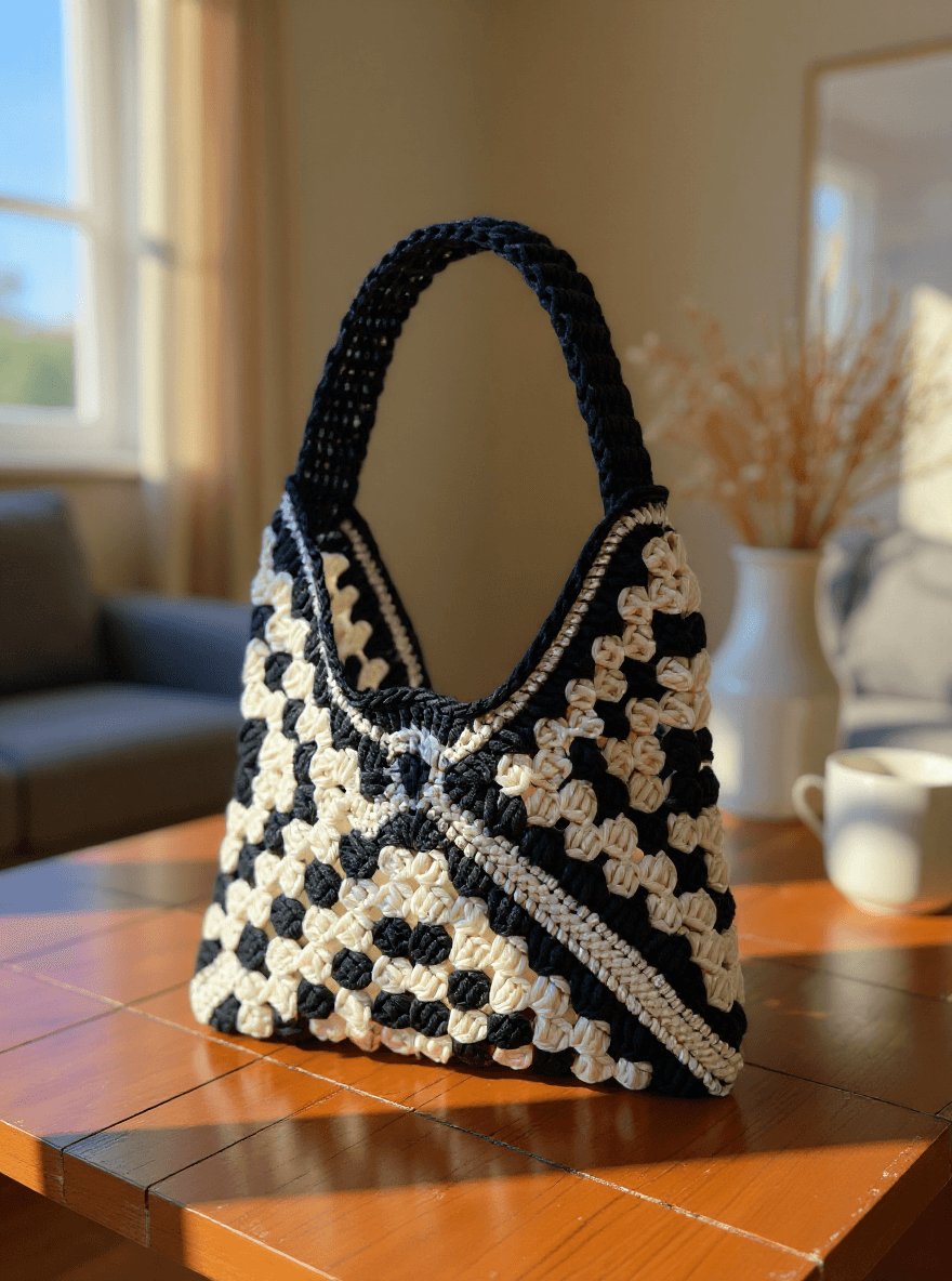 El Yapımı Siyah Beyaz Granny Square Örgü Çanta – Omuz Çantası, Retro Bohem Stil