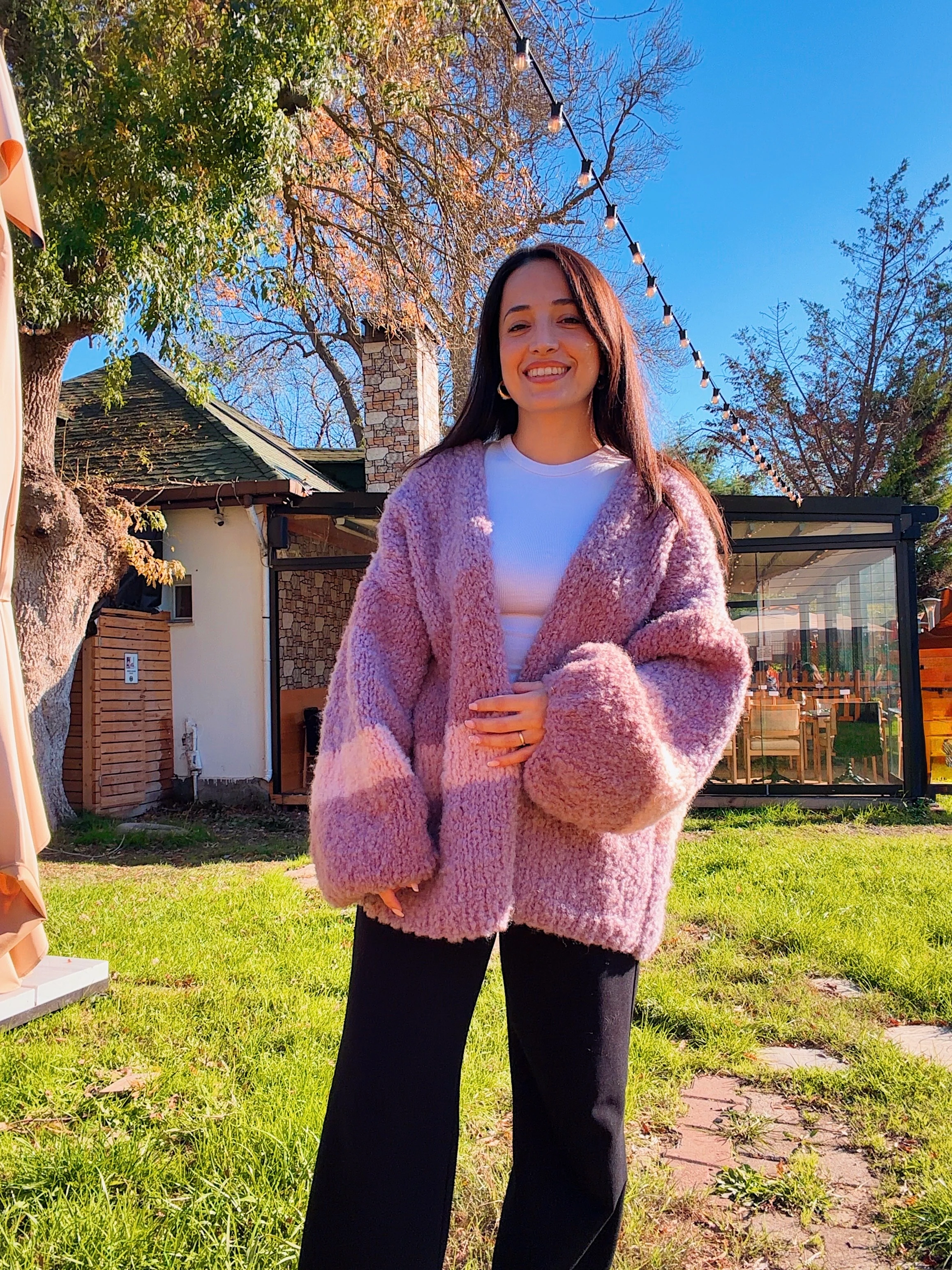  Elde Örülmüş Pamuk-Mohair Hırka: Renkli Çizgili Oversize Hırka