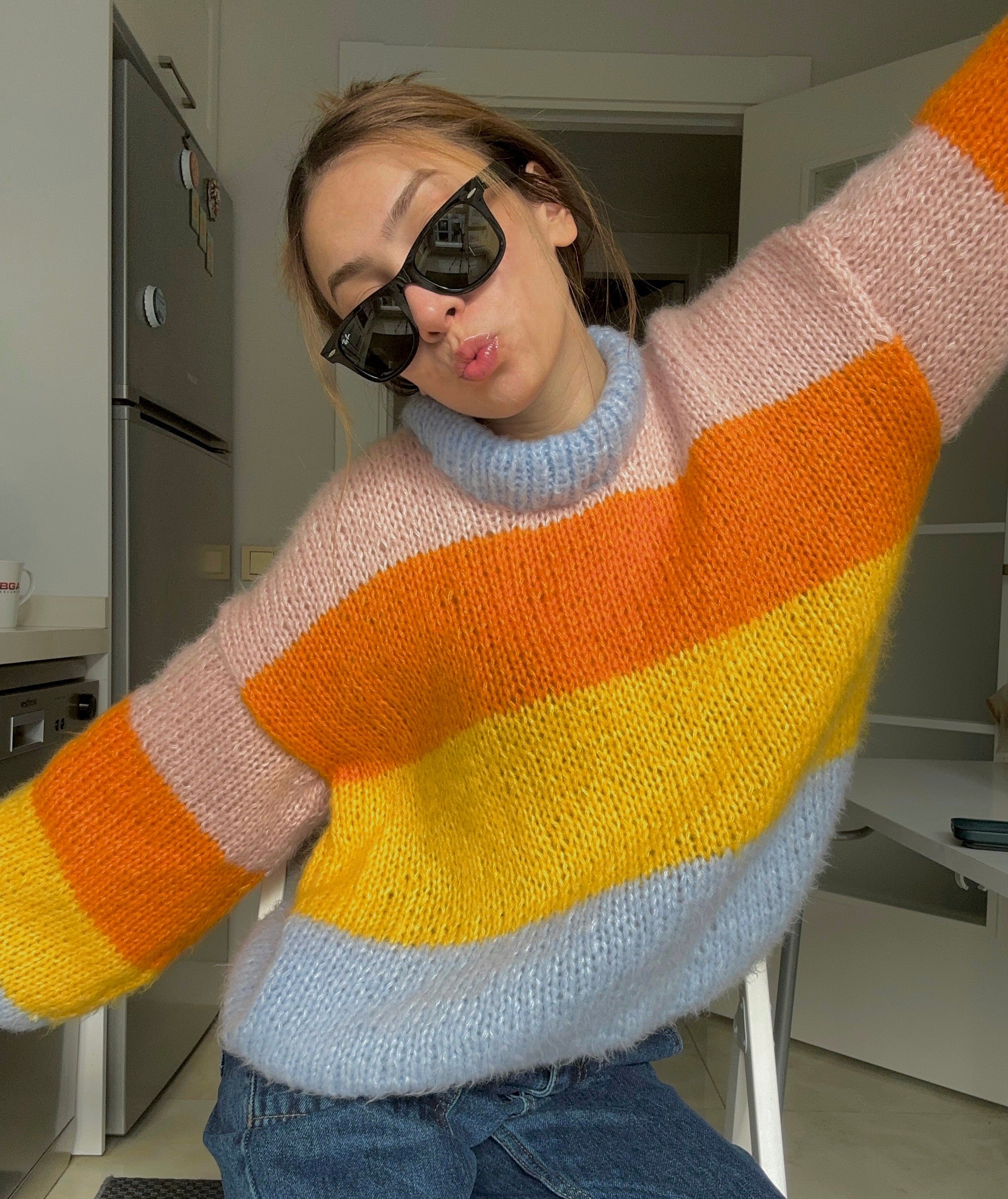 Colorful Striped Sweater, Crochet Sweater, Hand-Knitted Warm Sweater, Oversized Sweater, Unisex Sweater, Multicolored Sweater