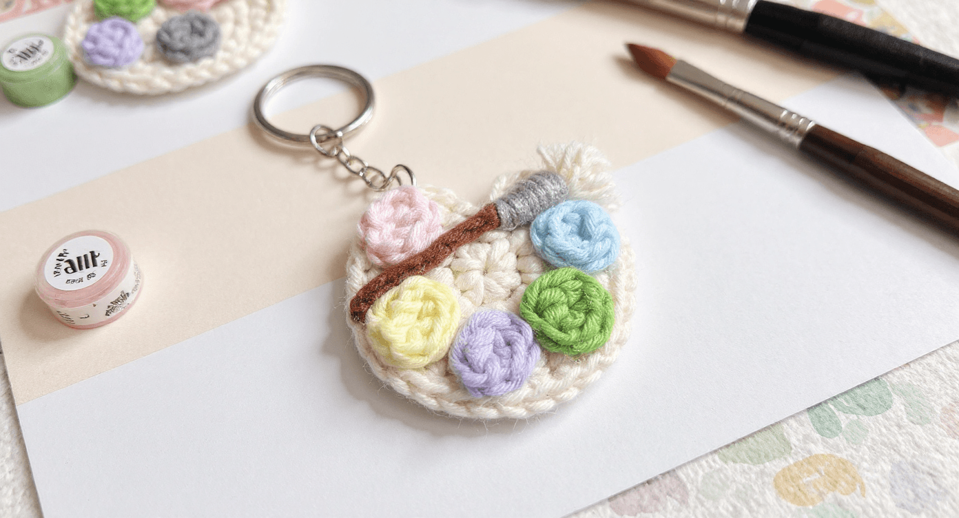 El Yapımı Örgü Boya Paleti Anahtarlık – Renkli Palet Tasarımlı Hediyelik