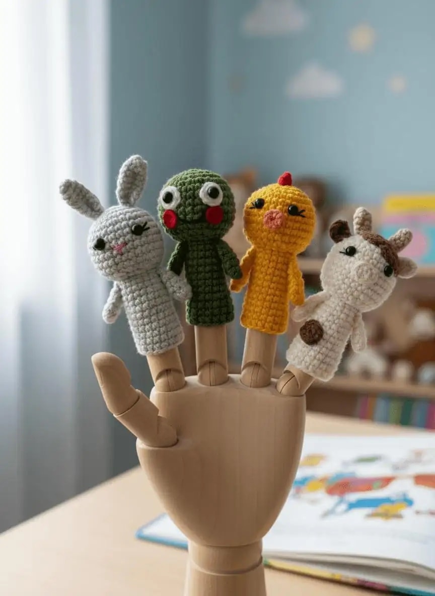 El Örgüsü Hayvan Temalı Parmak Kukla Seti (4’lü) – Tavşan, Kurbağa, Civciv ve İnek