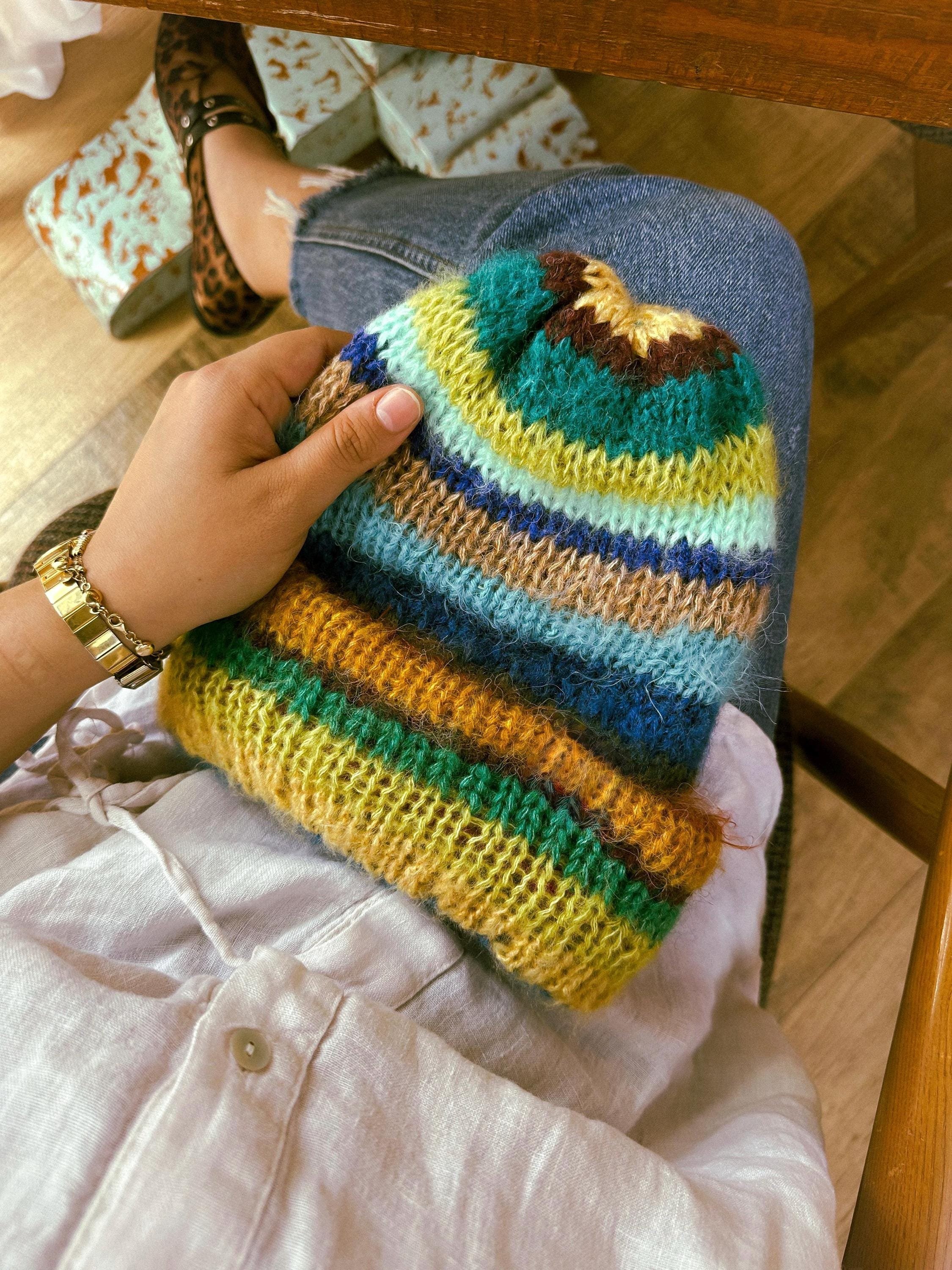 Colorful Scrap Yarn Beanie – Soft Mohair Blend – Unique and Eco-Friendly Knit Hat, Colorful, Warm and Chunky Knit